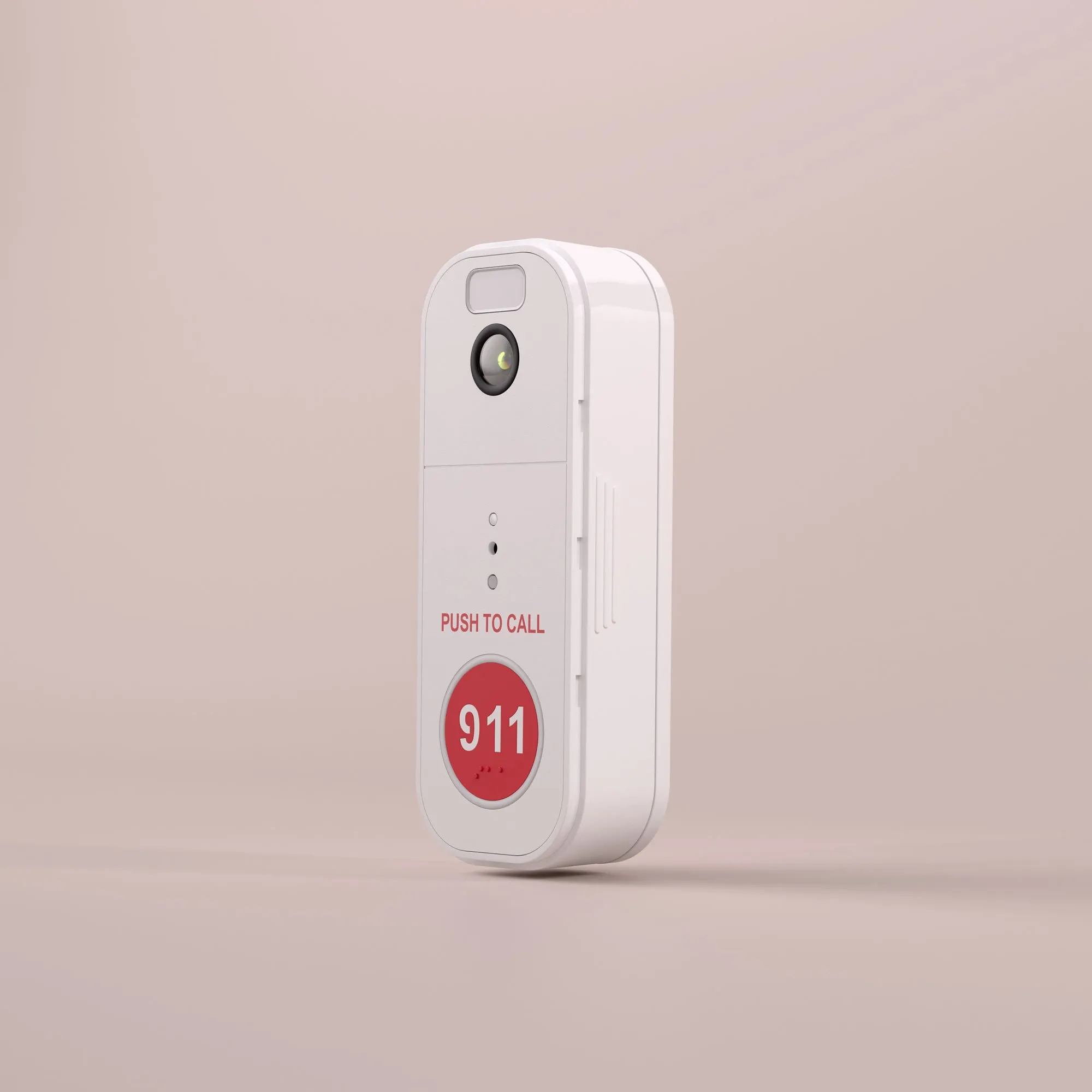 White emergency call button device labeled 'PUSH TO CALL 911' with a lens or sensor above the text.