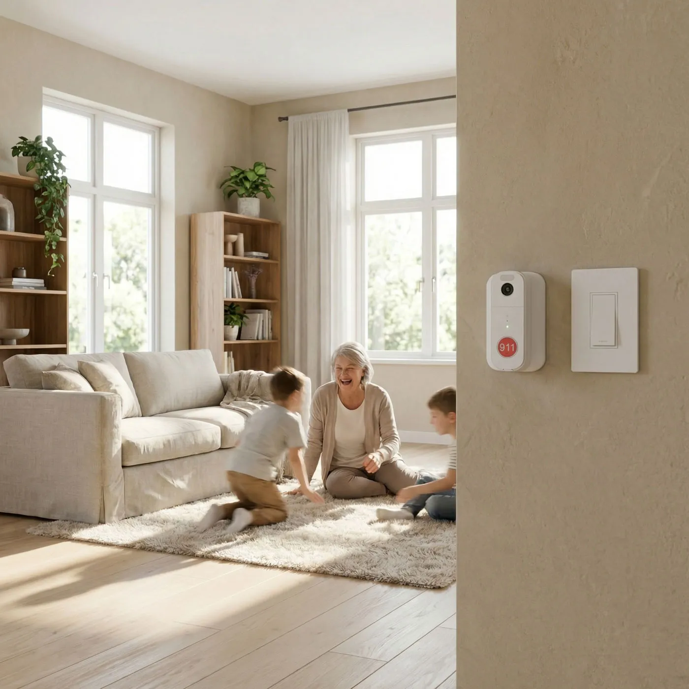 Elderly woman sitting on a rug laughing with two children playing in a bright, modern living room with a beige sofa, wooden shelves, and a wall-mounted emergency device near a light switch.