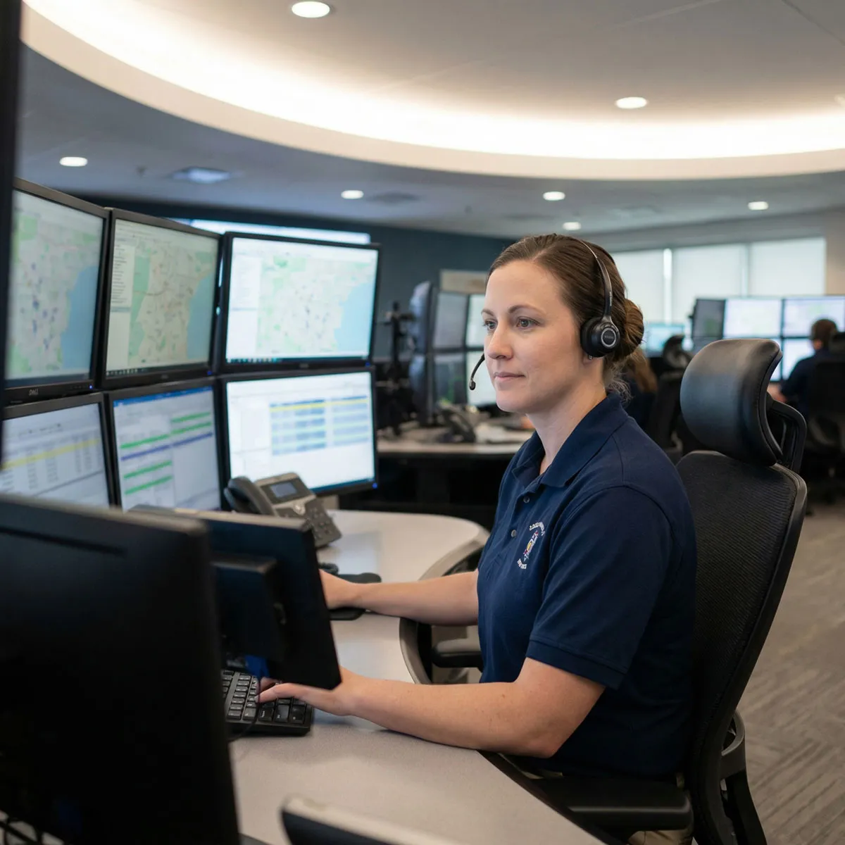 Woman wearing a headset working at a computer with multiple monitors displaying maps and data in an office setting.