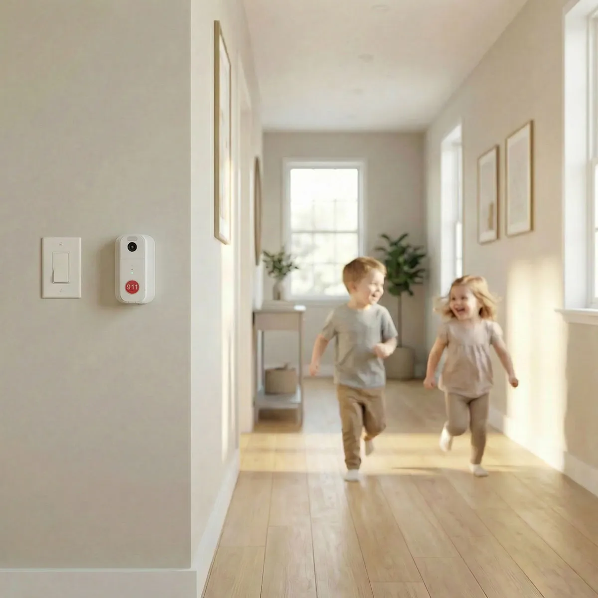 Two young children running and smiling in a bright hallway with wooden floors and a security device mounted on the wall.