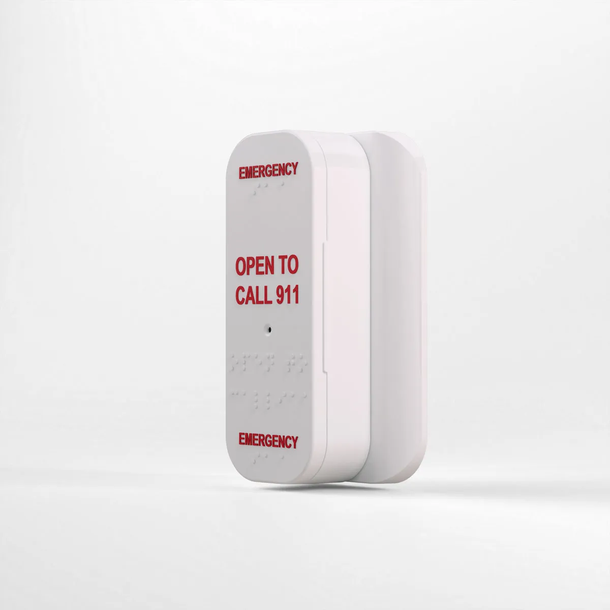 White emergency call box with red text reading 'EMERGENCY OPEN TO CALL 911' against a plain white background.