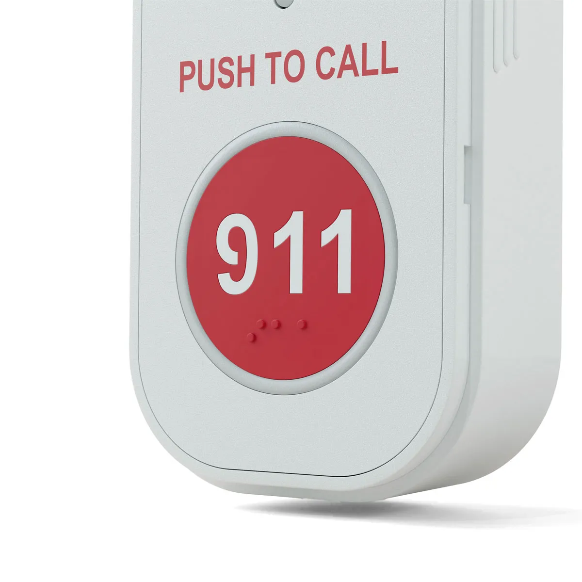 Close-up of a white emergency call box with a red circular button labeled '911' and text above saying 'PUSH TO CALL'.