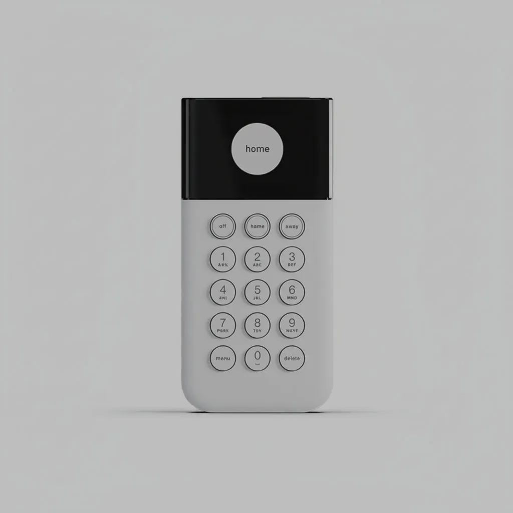 Modern home security alarm keypad with numerical buttons and mode options including off, home, and away.