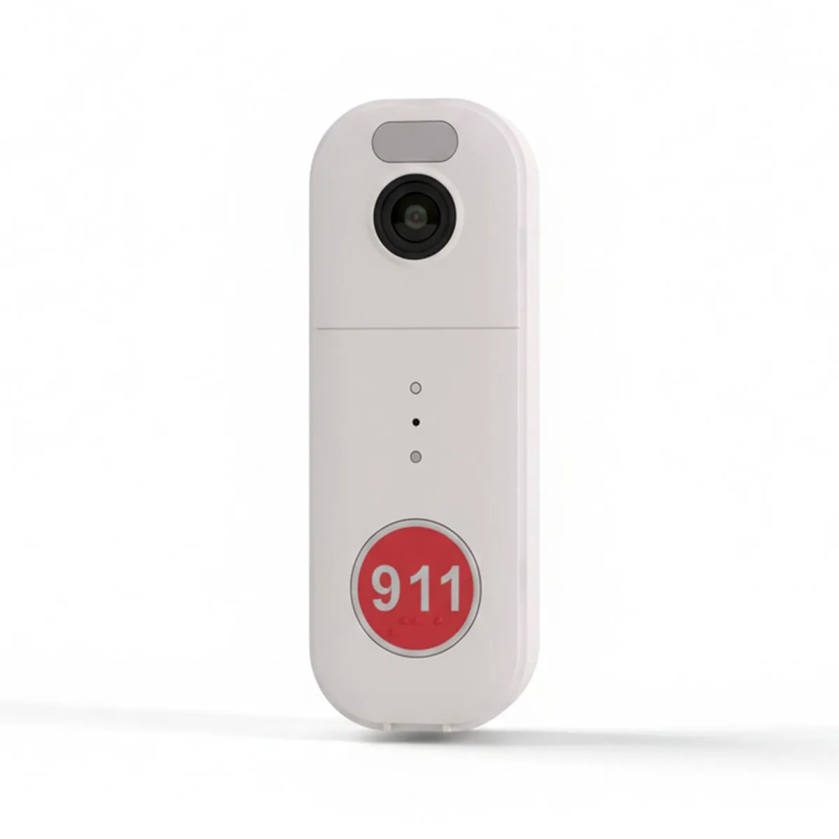 White emergency alert device with a camera lens and a large red button labeled 911.