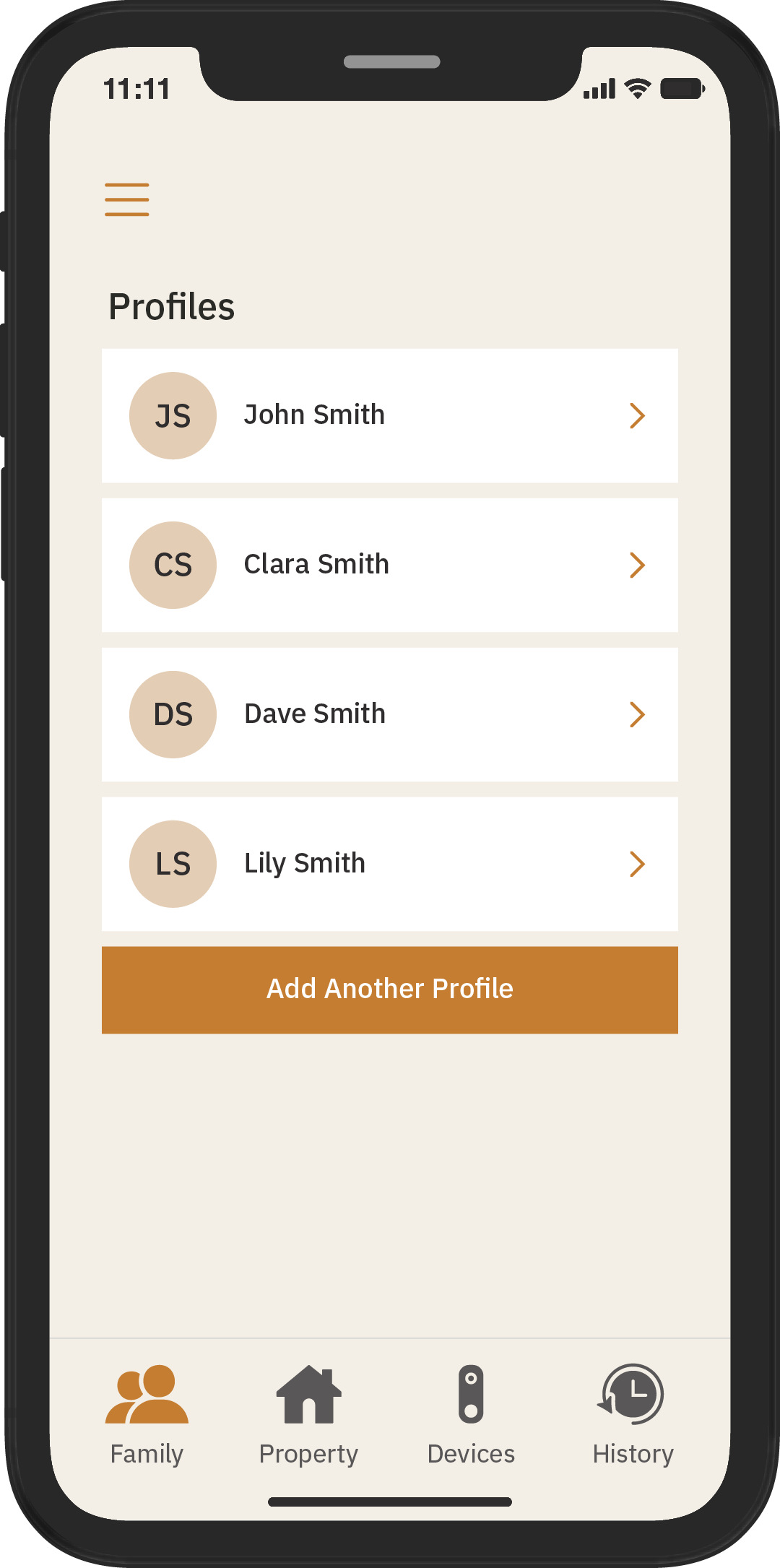 Mobile app screen showing a family profiles list with names John Smith, Clara Smith, Dave Smith, and Lily Smith, and a button to add another profile.