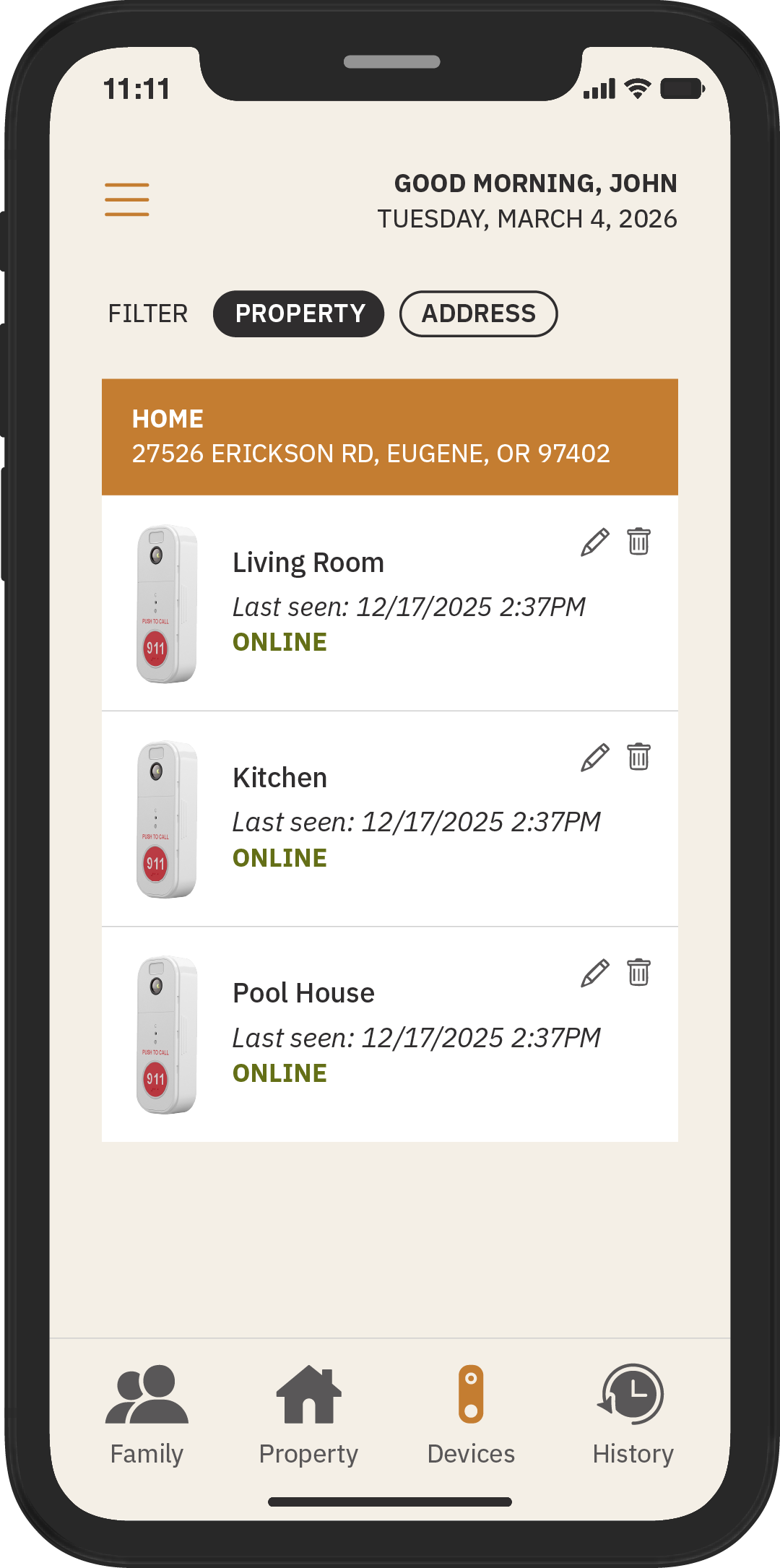 Mobile app screen showing user John’s property devices at 27526 Erickson Rd, Eugene, OR with three online devices labeled Living Room, Kitchen, and Pool House.