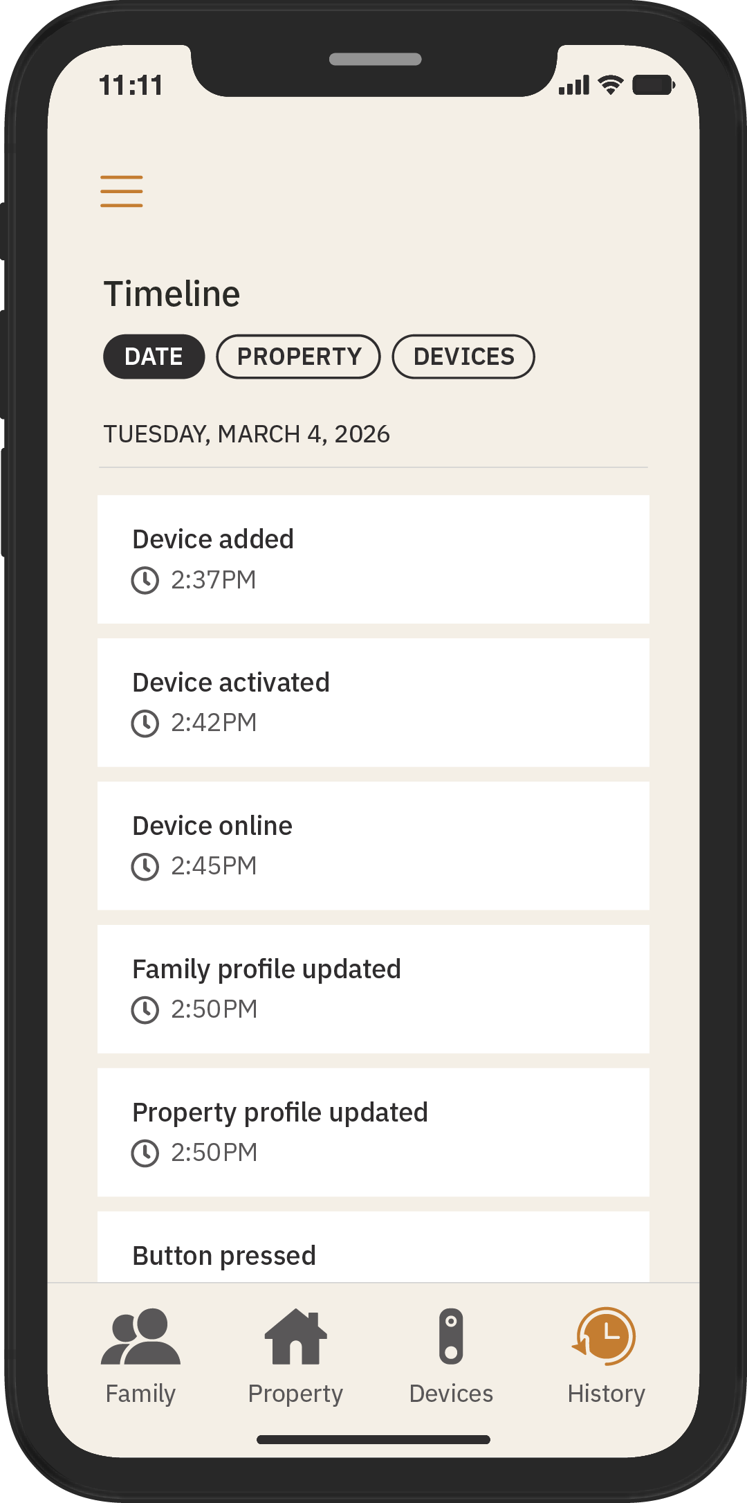 Mobile app timeline showing device and profile updates on March 4, 2026, with navigation icons for Family, Property, Devices, and History.