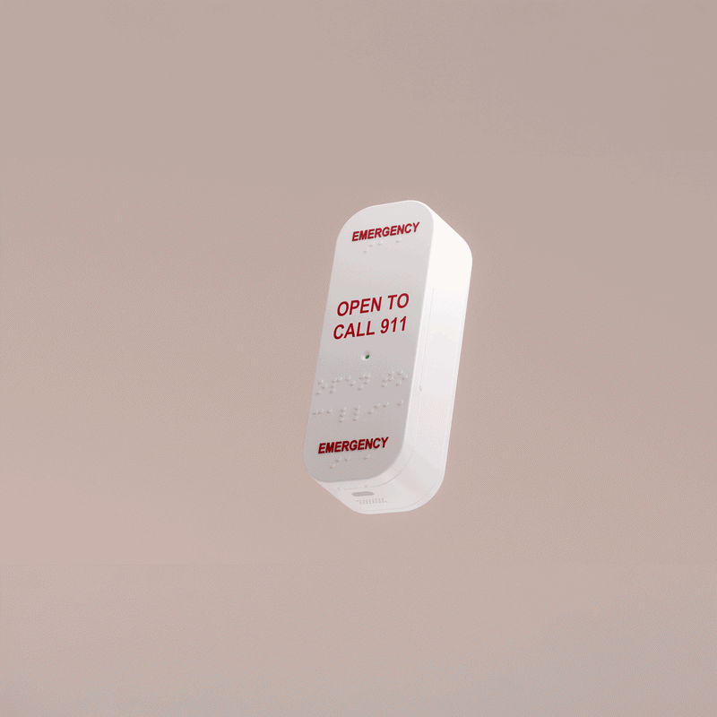 White emergency call button device labeled 'PUSH TO CALL 911' with a lens or sensor above the text.