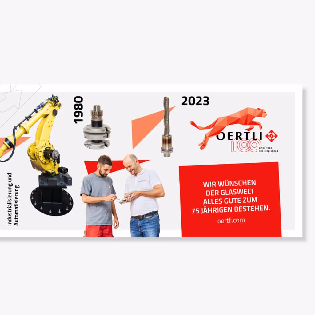 Oertli Werkzeuge feiert 100 Jahre: Jubiläumsbranding mit Logo, Festschrift, Verpackungen, Website, Messestand und Social Media – «one step ahead».