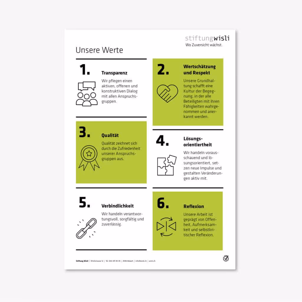 Stiftung Wisli: Offene, klare Kommunikation mit Broschüren, Plakaten und Give-aways in frischem Grün. Integration mit Herz und Haltung.