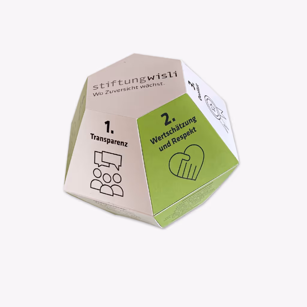 Stiftung Wisli: Offene, klare Kommunikation mit Broschüren, Plakaten und Give-aways in frischem Grün. Integration mit Herz und Haltung.