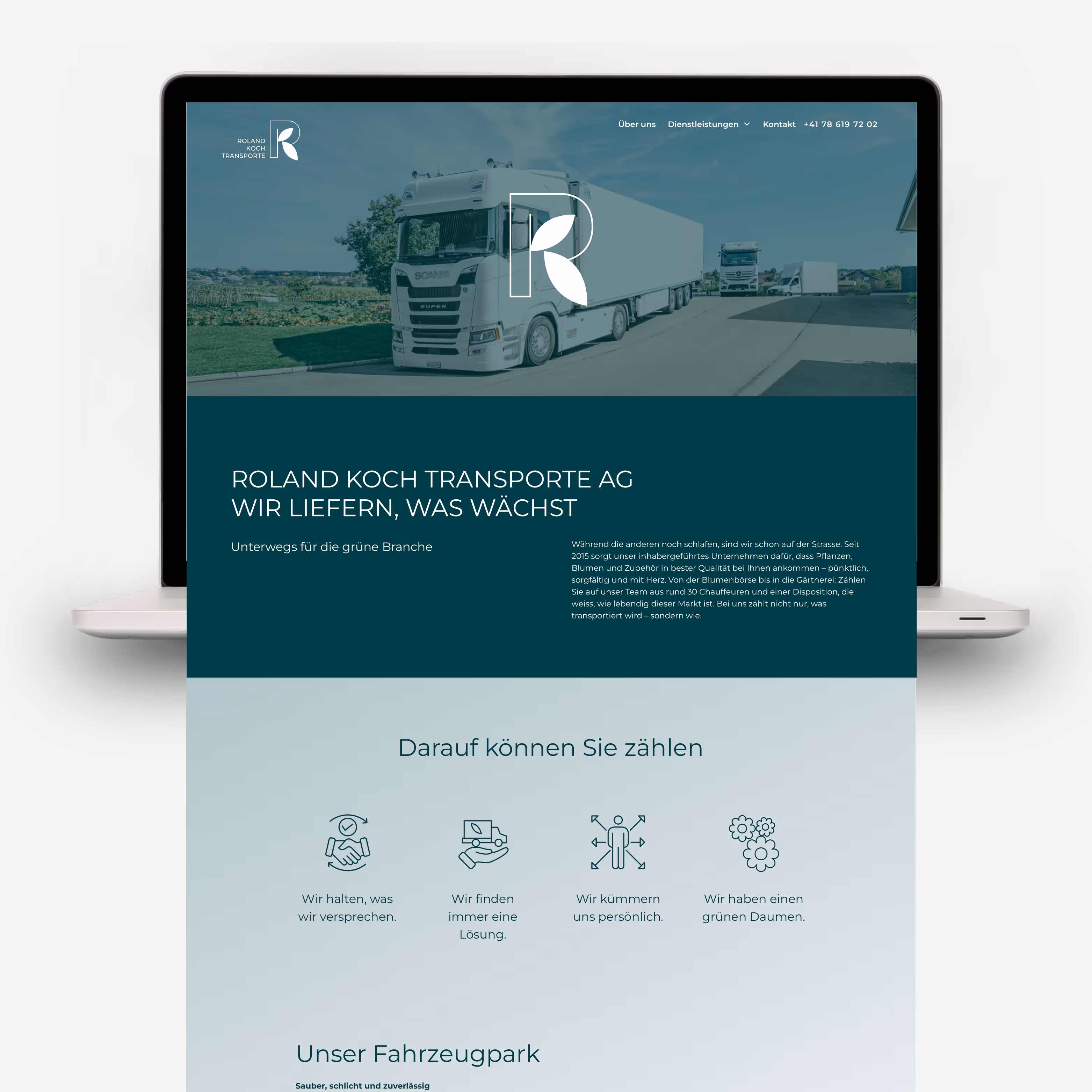 Roland Koch Transporte: Über 10 Jahre Erfahrung mit Blumen und Pflanzen. Reduziertes Logo und Website, die einen Arbeitstag erlebbar macht.