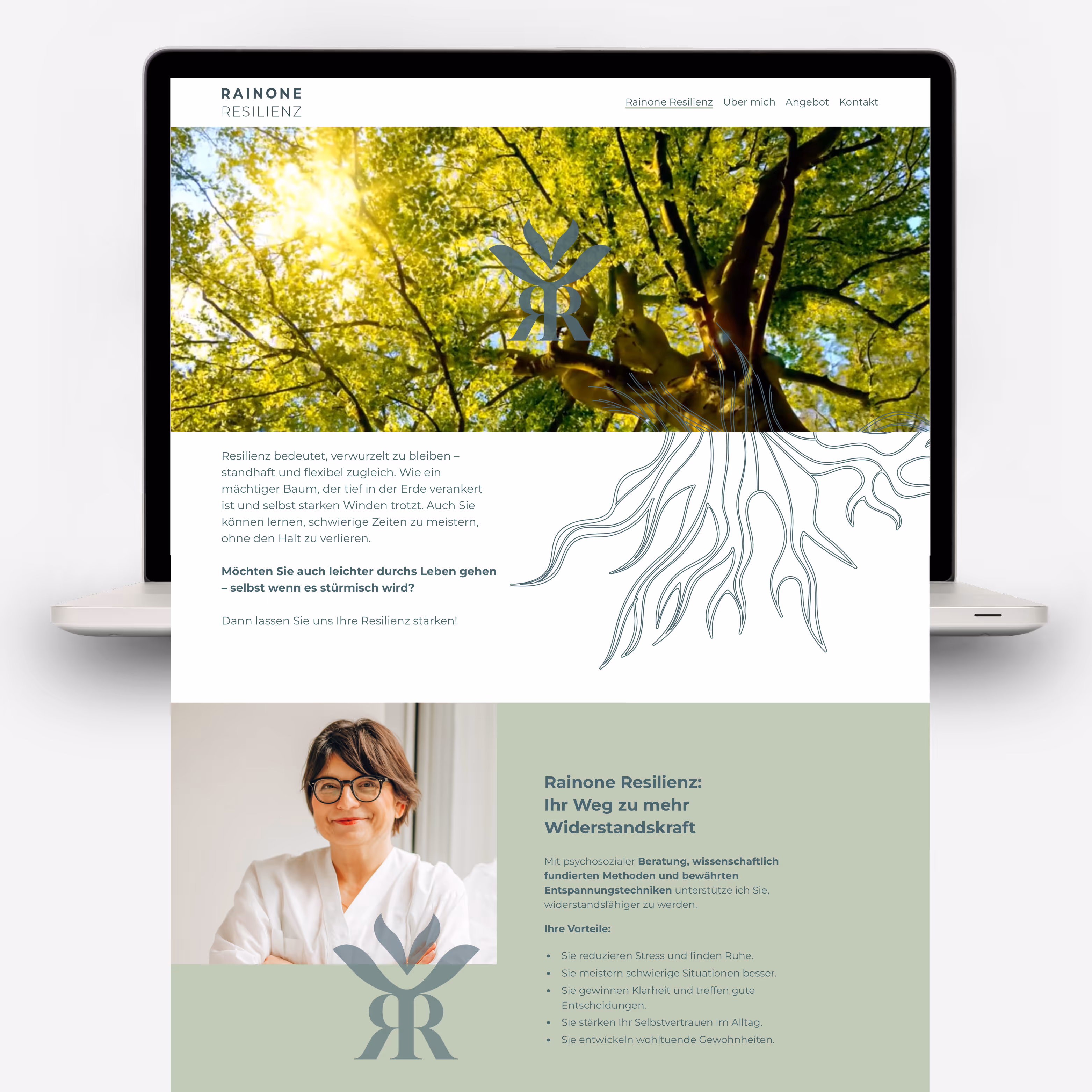 Rainone Resilienz: Komplette Markenwelt aus Logo, Website, Farben und Fotografie. Hand in Hand entstanden – kraftvoll, lebendig, voller Potenzial.