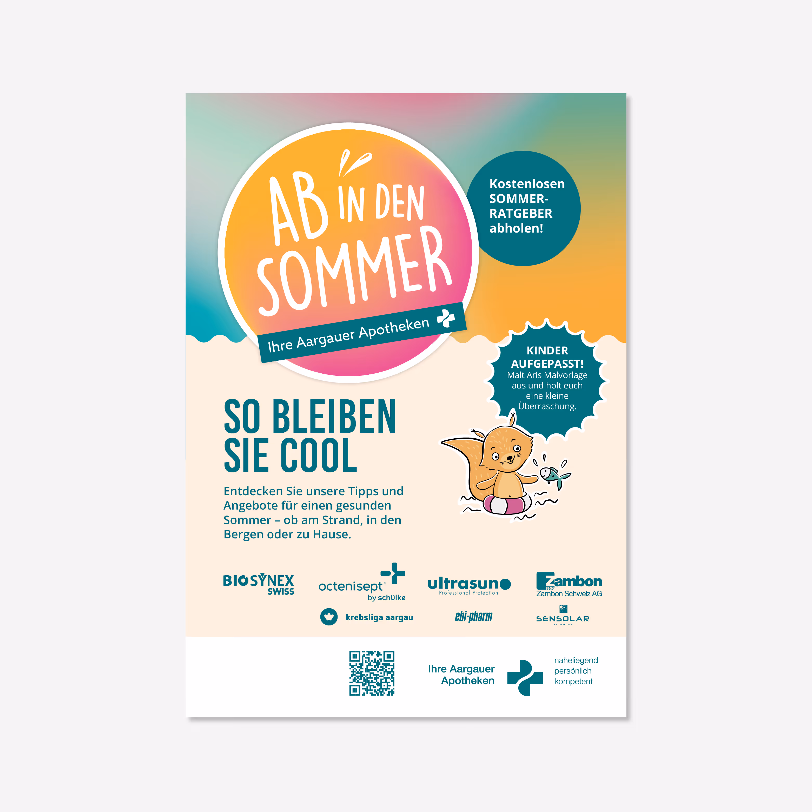 Aargauer Apotheken Sommerkampagne: Eichhörnchen Ari, Flyer, Plakate, Malwettbewerb und Website für 130+ Apotheken. Sommerlaune zum Mitnehmen.