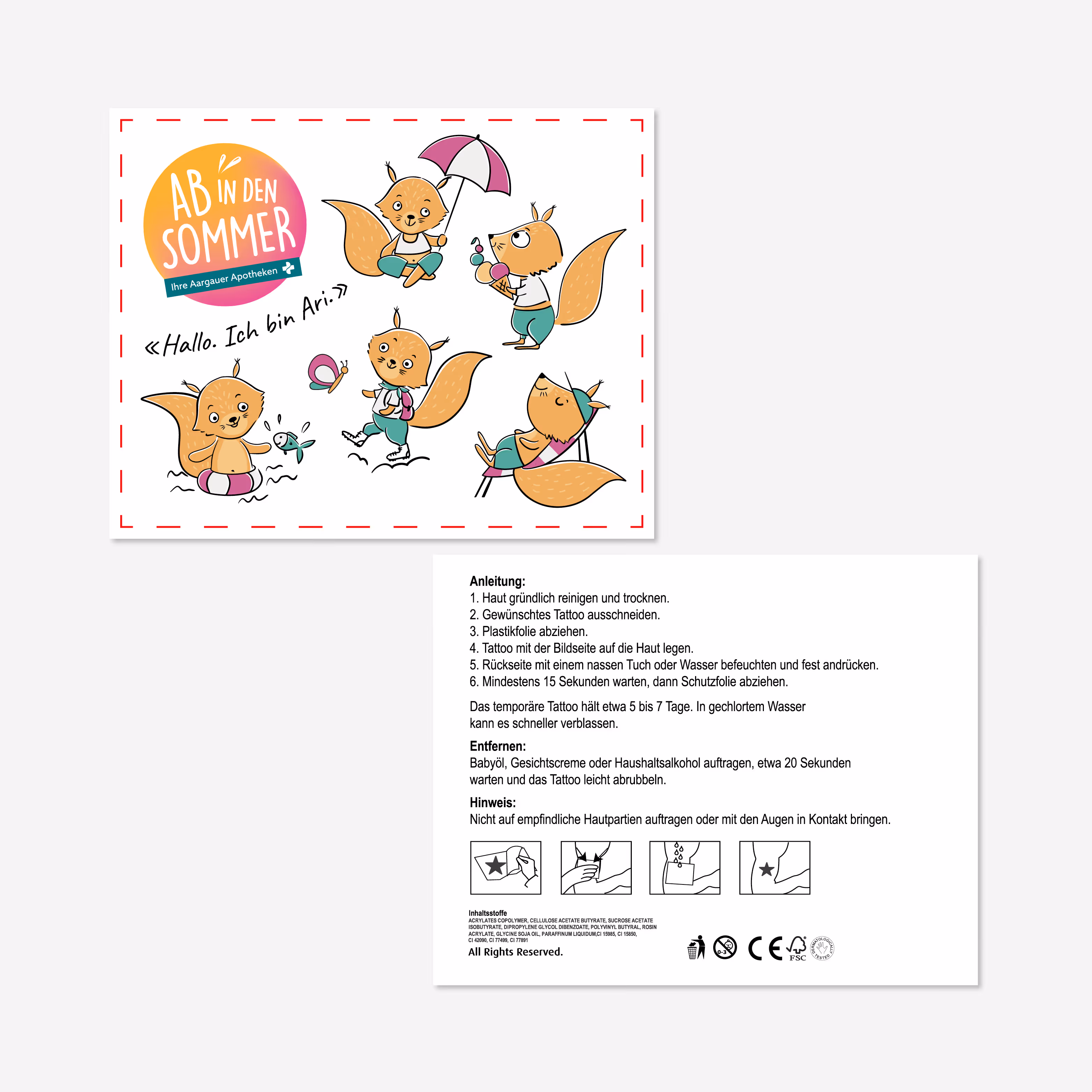 Aargauer Apotheken Sommerkampagne: Eichhörnchen Ari, Flyer, Plakate, Malwettbewerb und Website für 130+ Apotheken. Sommerlaune zum Mitnehmen.