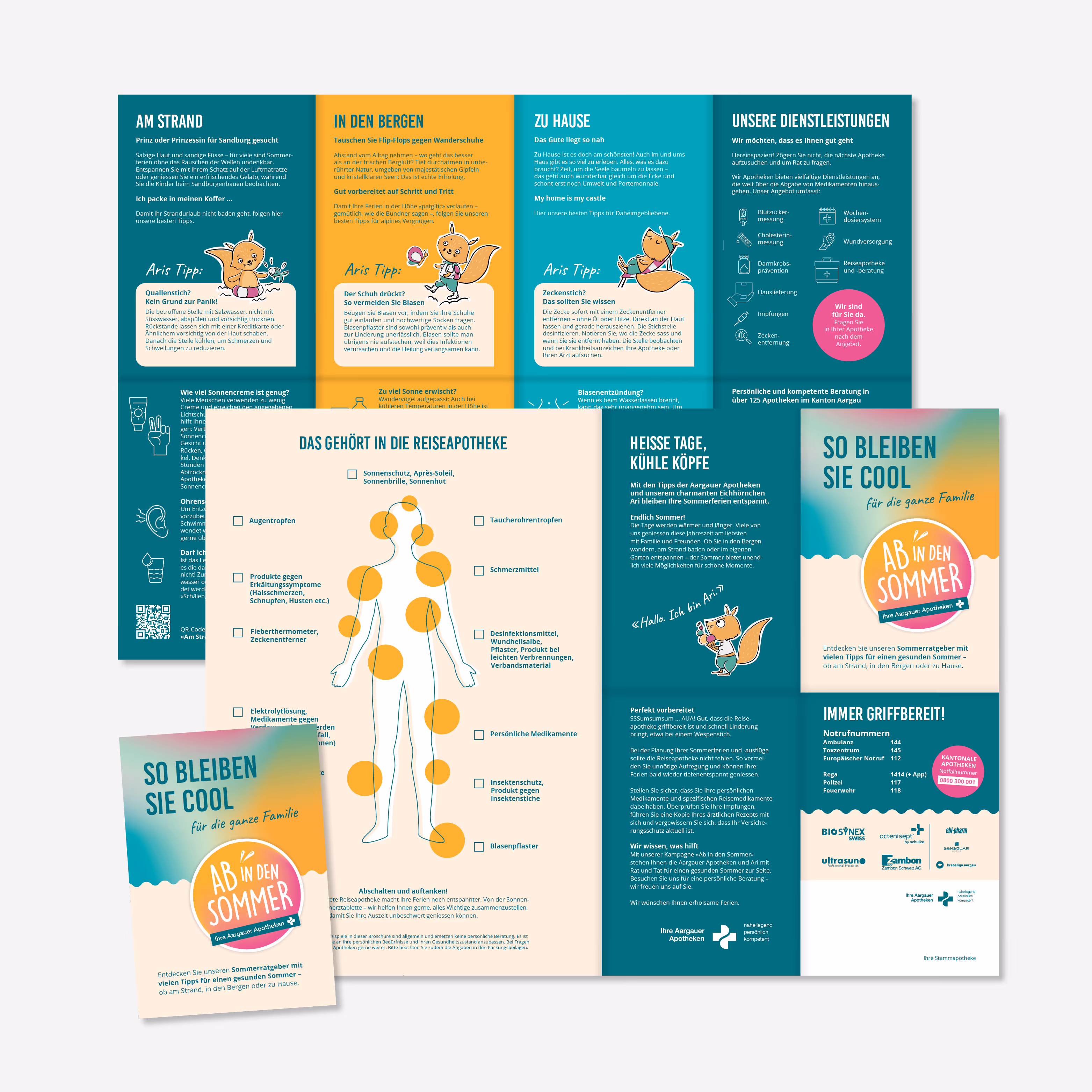 Aargauer Apotheken Sommerkampagne: Eichhörnchen Ari, Flyer, Plakate, Malwettbewerb und Website für 130+ Apotheken. Sommerlaune zum Mitnehmen.