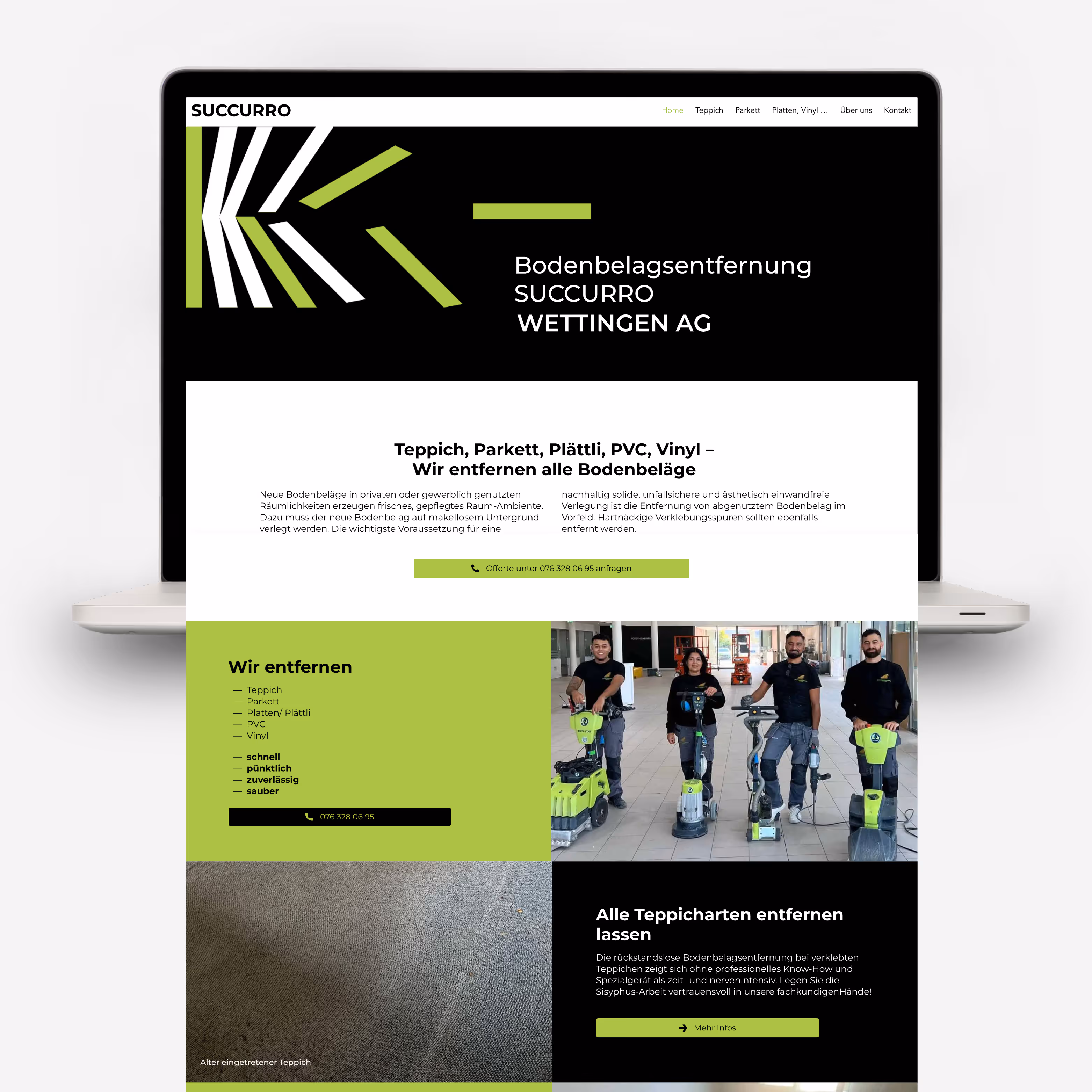 Succurro Bodenbelagsentfernung: Dynamisches Branding in Schwarz und Grün – Logo, Firmenshirts und Autobeschriftung mit hohem Wiedererkennungswert.