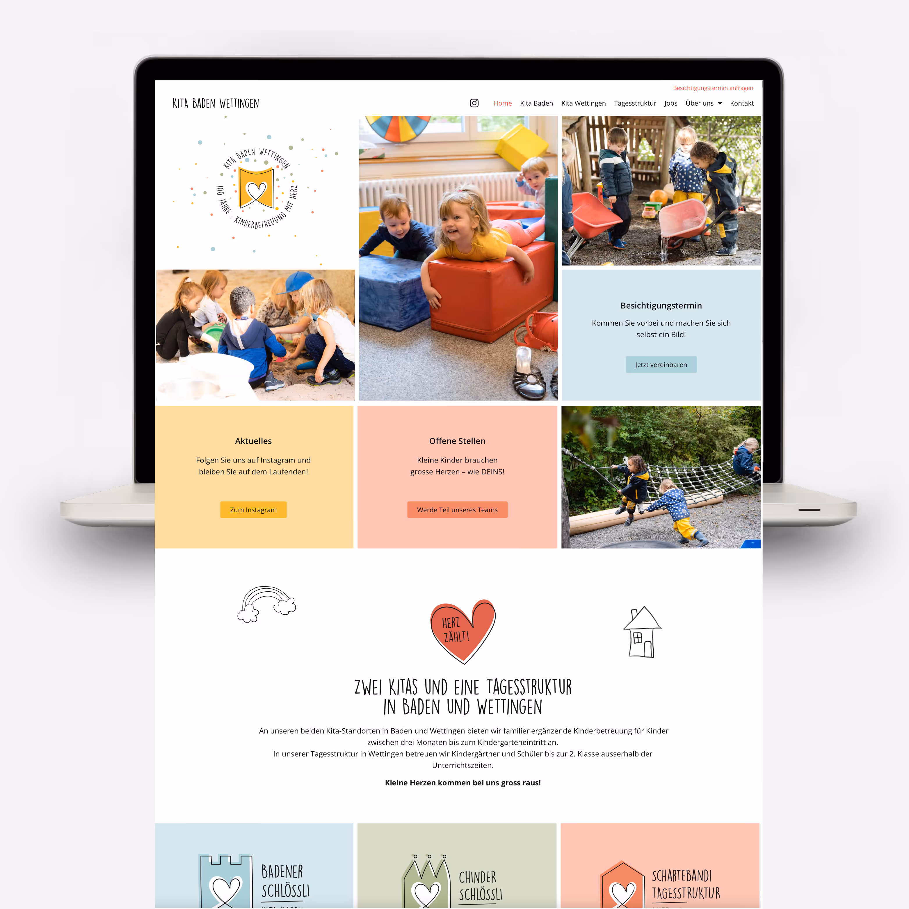Verein Kita Baden/Wettingen: «Herz zählt» – neuer Auftritt mit Logo, Website, Flyer und Give-aways. Frisch, fröhlich, mit Kinderkunst.