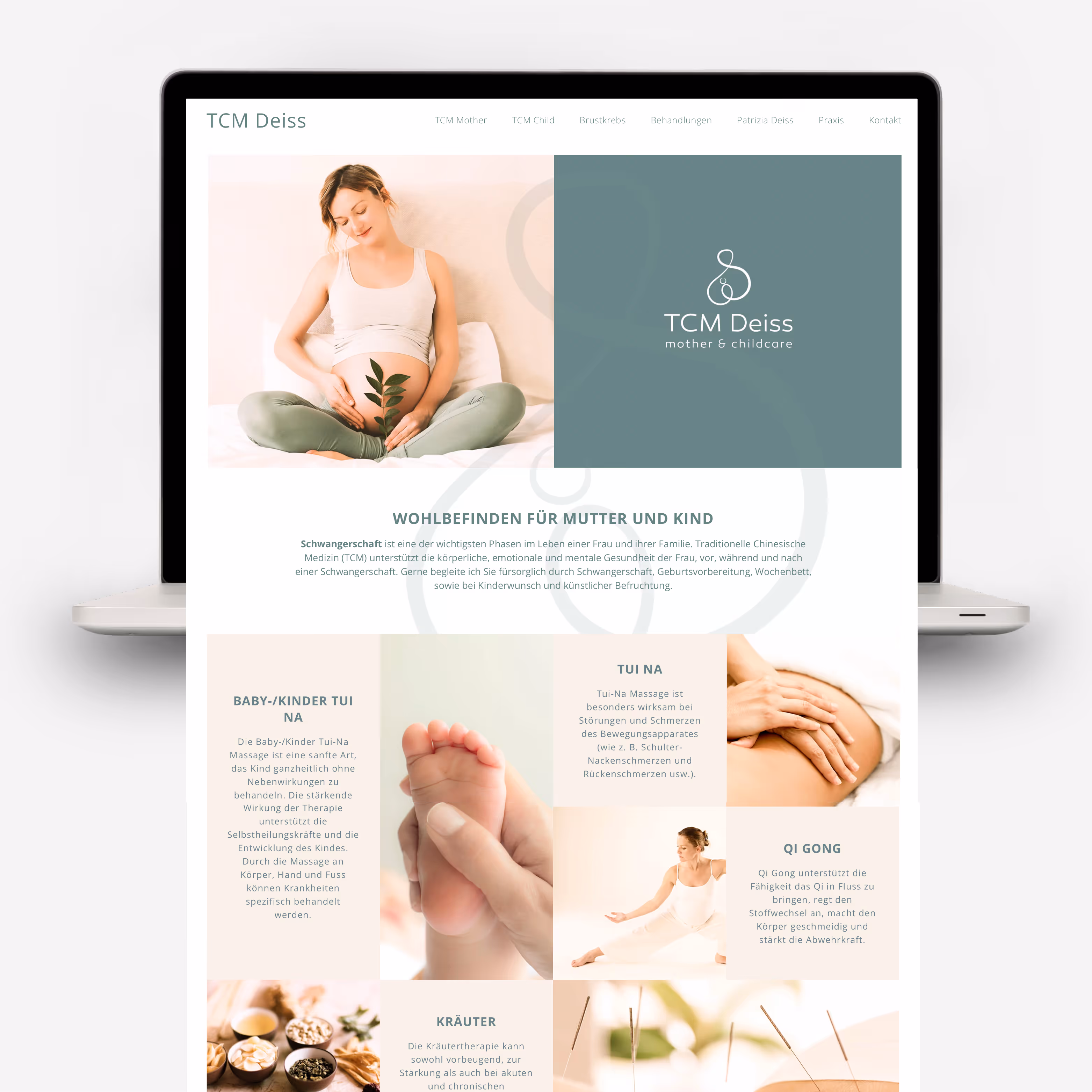 TCM Deiss – Mother & Childcare: Natürliches Branding mit Logo, Briefschaften, Flyer und Website. Handgezeichnete Illustrationen mit Wärme.