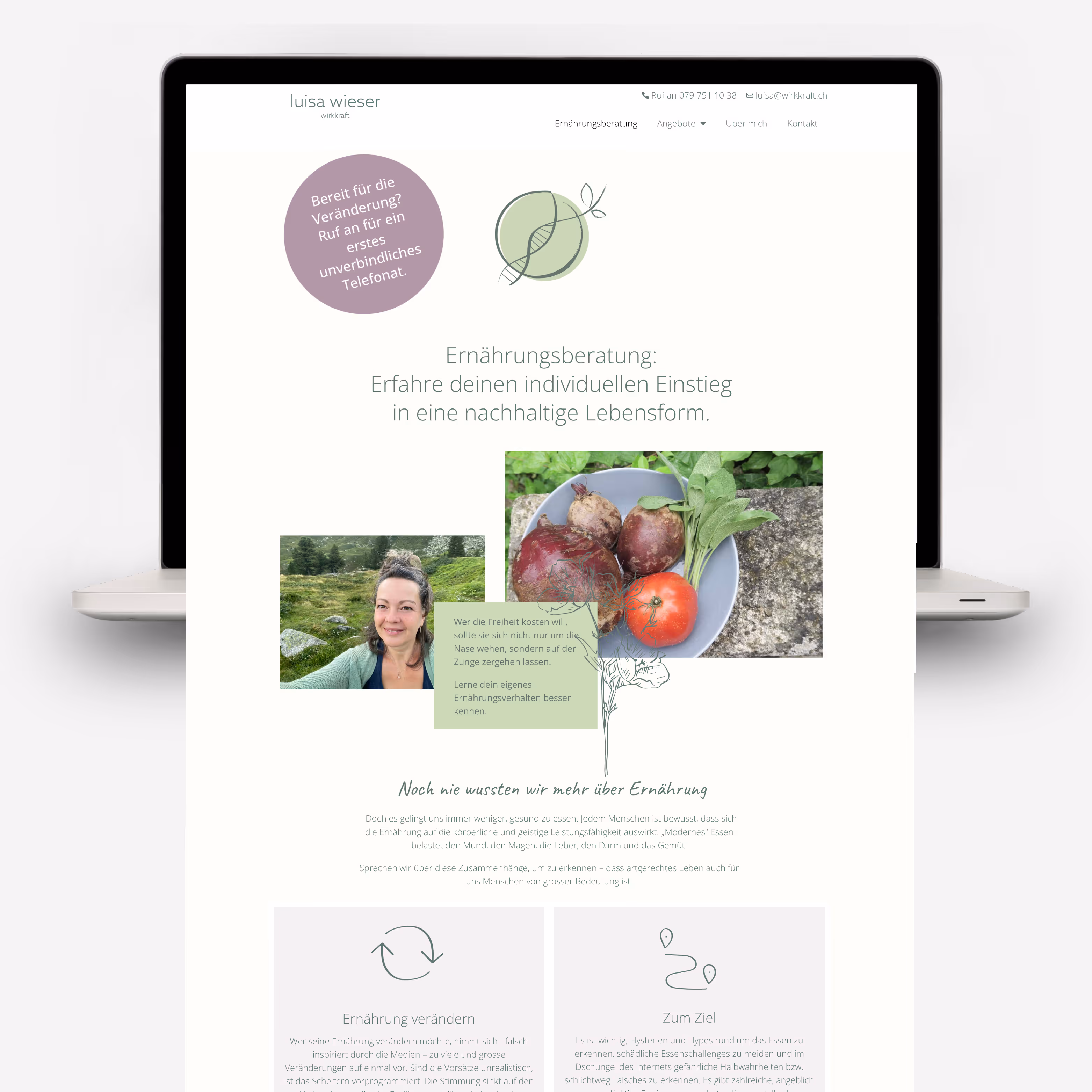 Luisa Wieser – Wirkkraft: Markenauftritt für nachhaltige Ernährungsberatung. Logo, Website und Postkarten in Grün, Lila und floraler Eleganz.