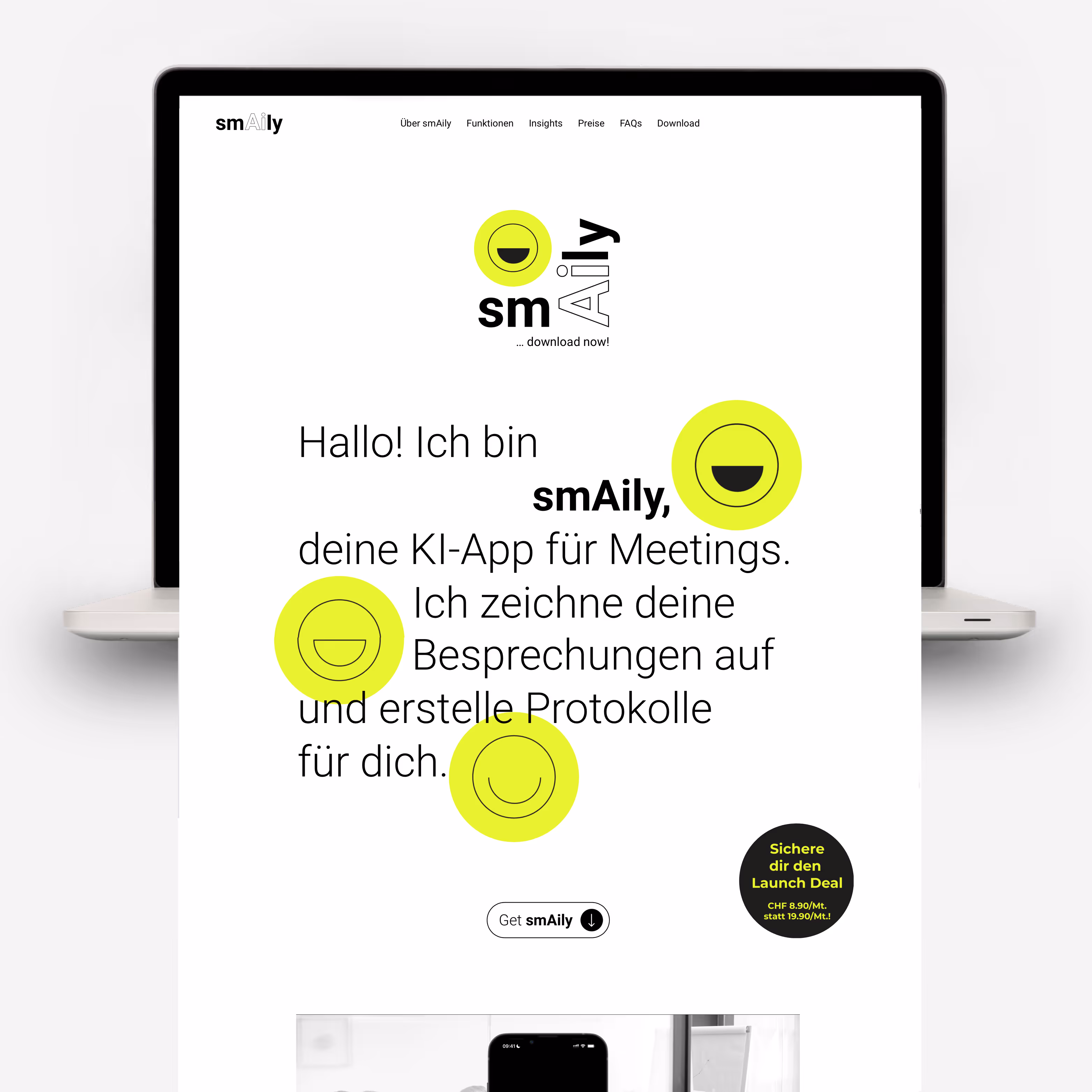 smAily.ai: SEO-optimierte Website für die KI-App, die Meetings aufzeichnet und in Protokolle wandelt. Logo mit Neonfarbe und Persönlichkeit.