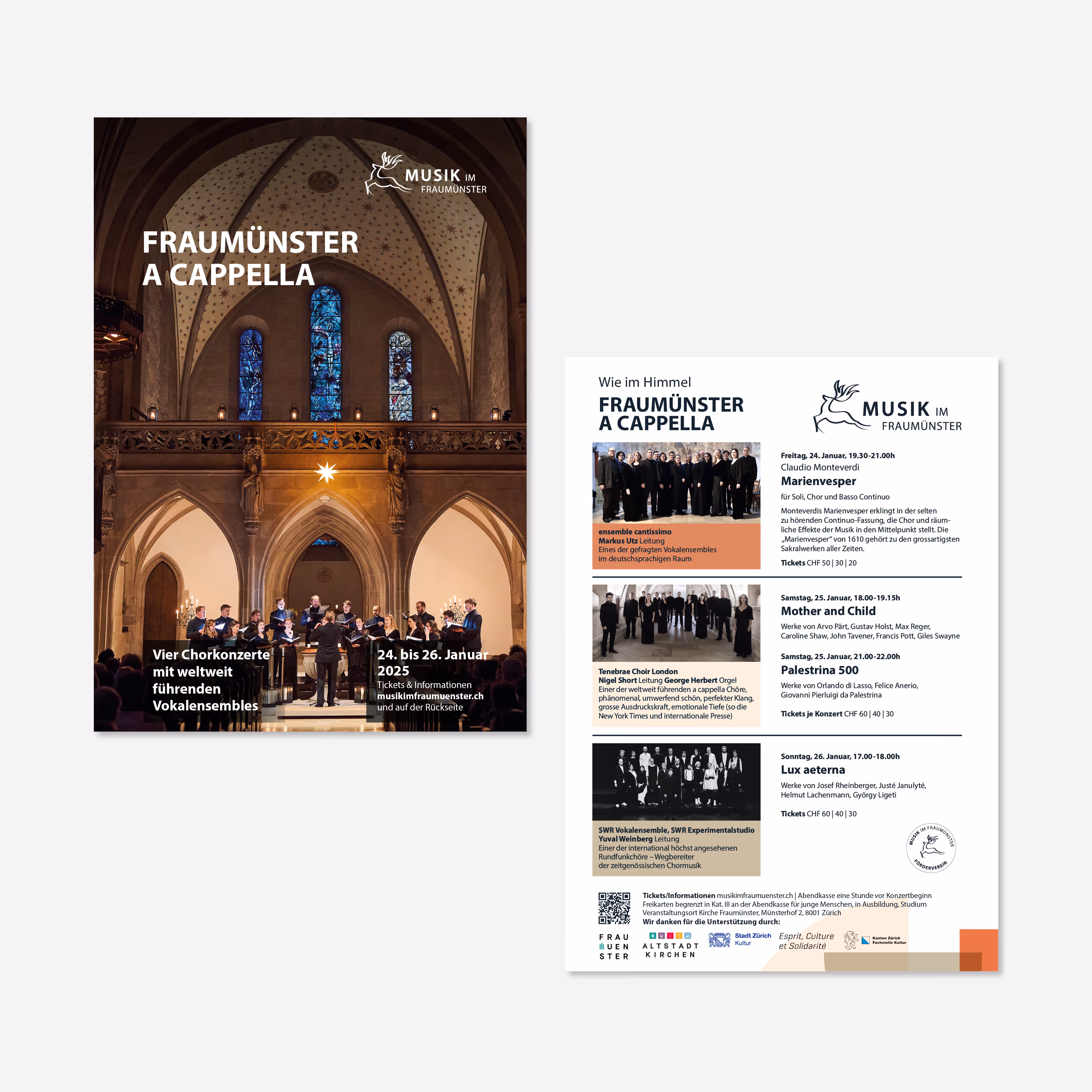 Musik im Fraumünster Zürich: Komplett neue Corporate Identity mit Hirsch-Logo, Website und karolingischer Farbwelt für Konzerte, Tickets und Spenden.