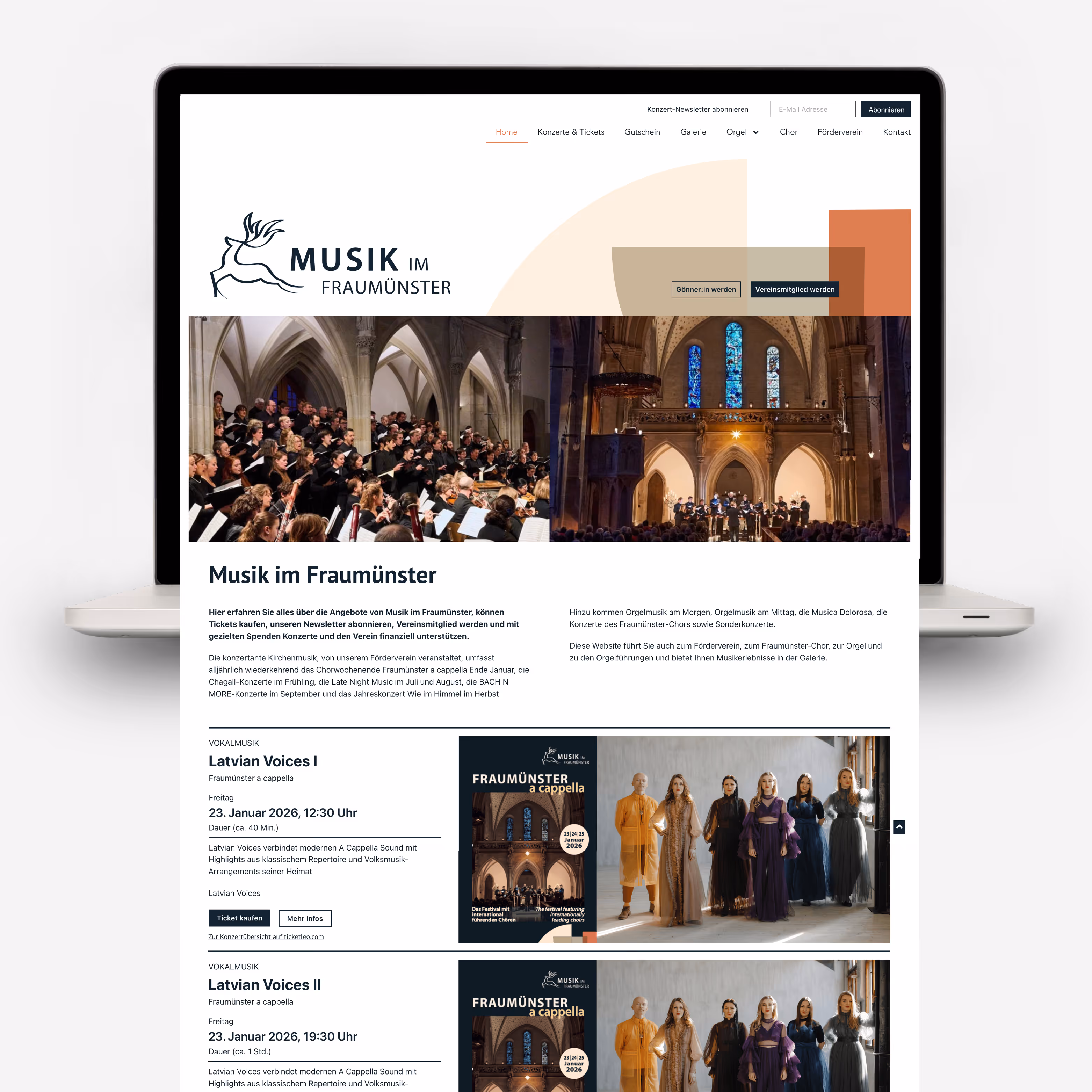 Musik im Fraumünster Zürich: Komplett neue Corporate Identity mit Hirsch-Logo, Website und karolingischer Farbwelt für Konzerte, Tickets und Spenden.