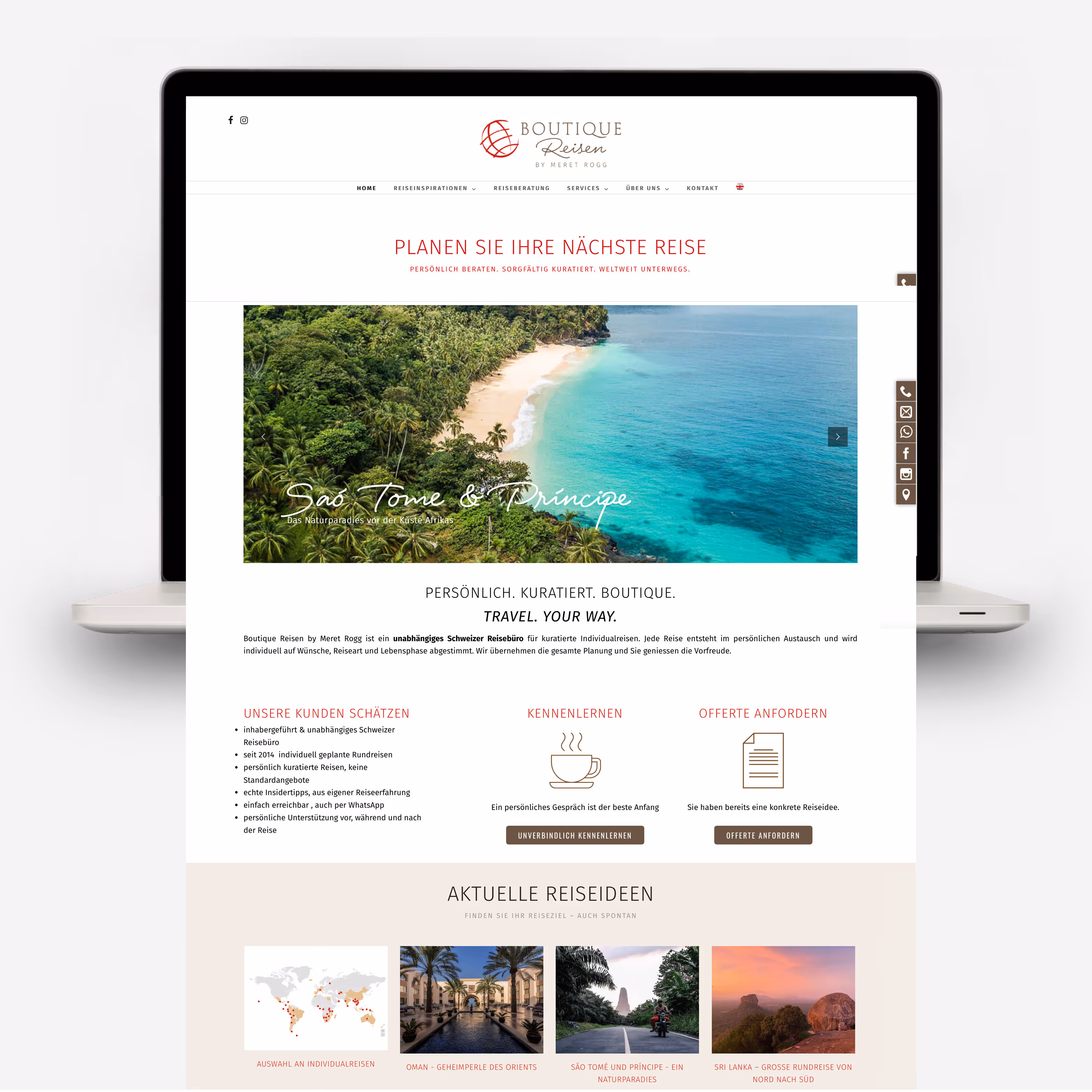Boutique Reisen by Meret Rogg: Individuelle Reisen, persönlicher Markenauftritt. Website mit Handschrift, Boutique-Optik und warmen Farben.