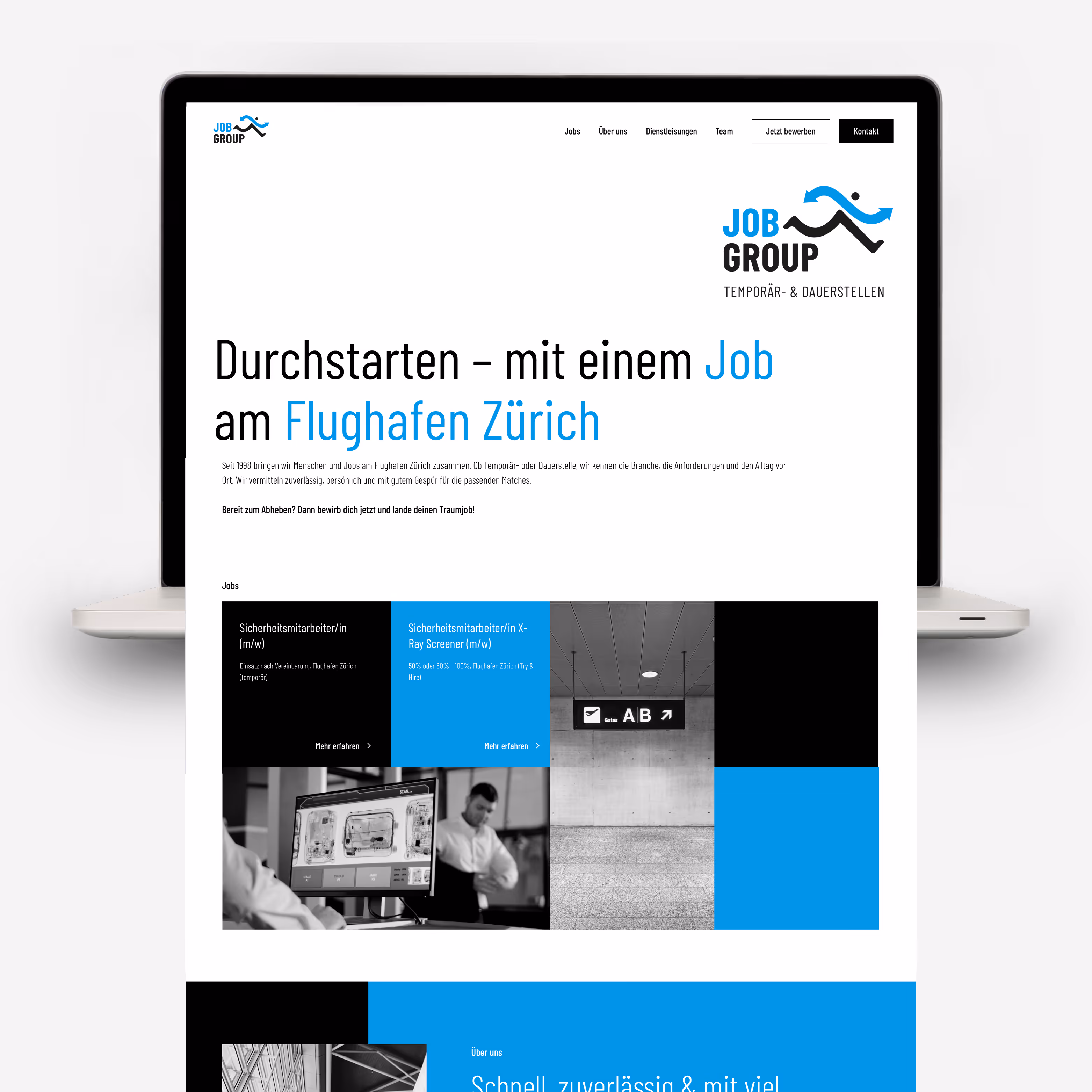 Job Group am Flughafen Zürich: Relaunch mit neuem Logo, Branding und Website inkl. integrierter Online-Bewerbung. Traumstellen einen Klick entfernt.