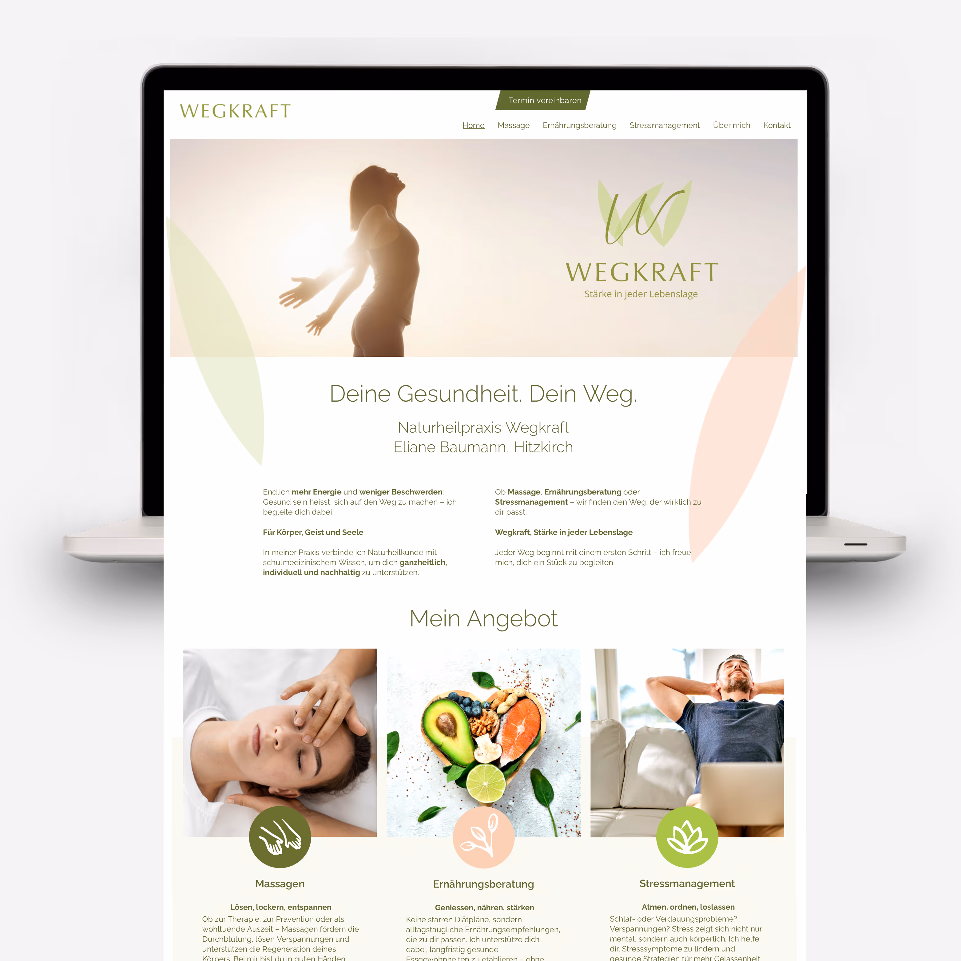 Wegkraft – Massage, Ernährung, Stressmanagement: Markenauftritt mit Logo, Website und harmonischer Bildsprache für mehr Gesundheit und Wohlbefinden.