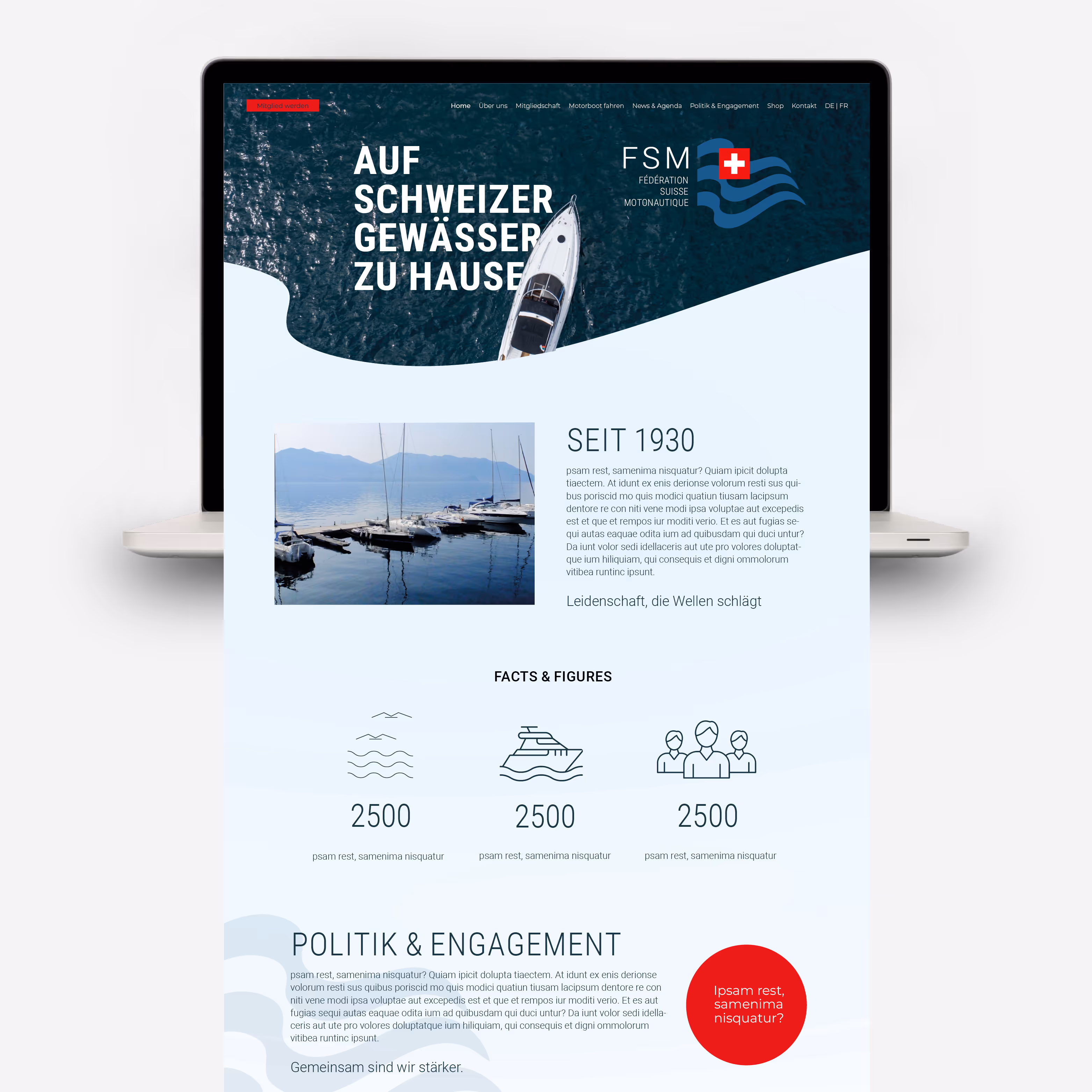 Fédération Suisse Motonautique: Neues Logo und dynamische Website für die Schweizer Motorboot-Community – mit Wellen, Icons und stimmiger Bildwelt.