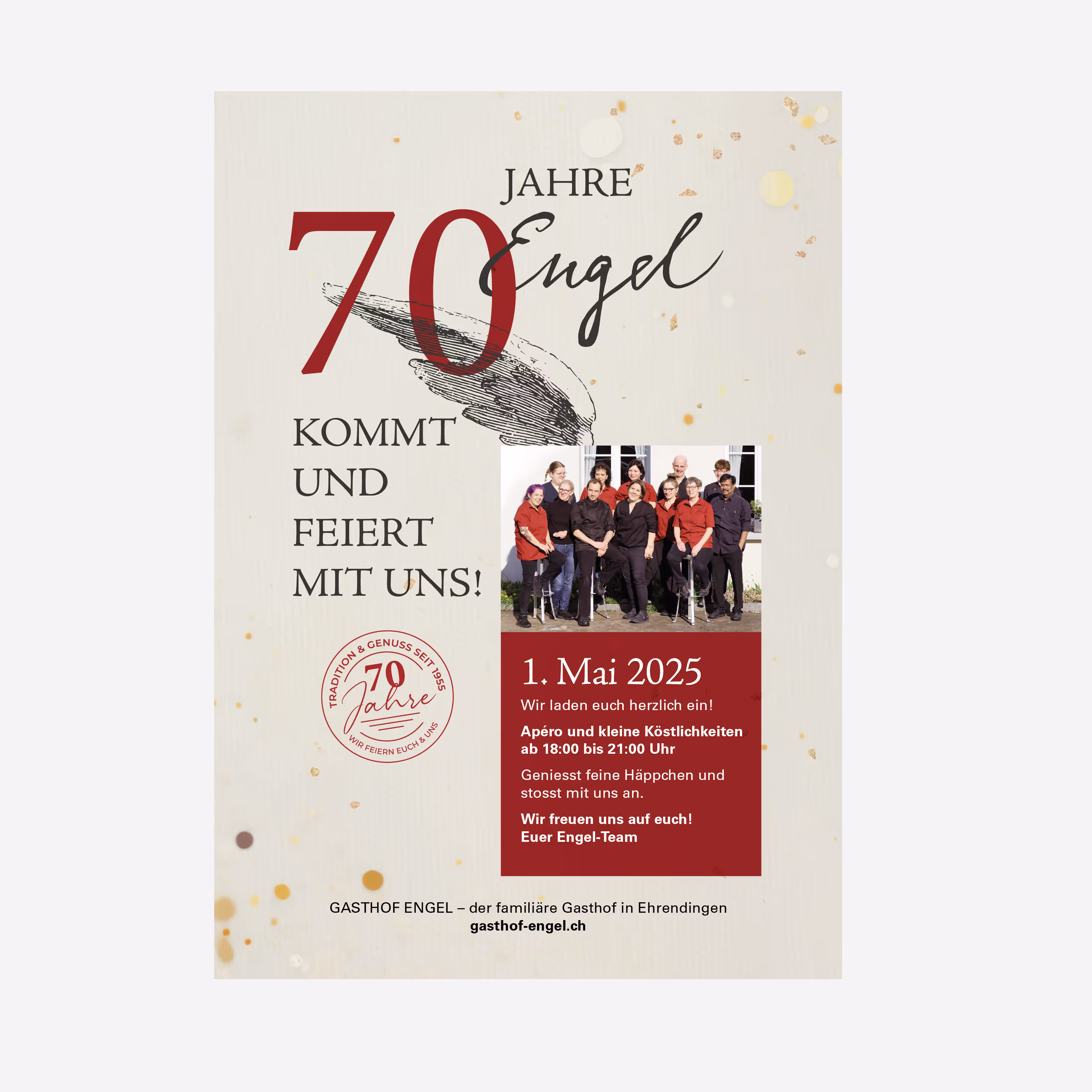 70 Jahre Gasthof Engel Ehrendingen: Jubiläums-Branding mit Plakaten, Website und liebevollen Details. Ein Festkonzept mit Charakter aus einer Hand.