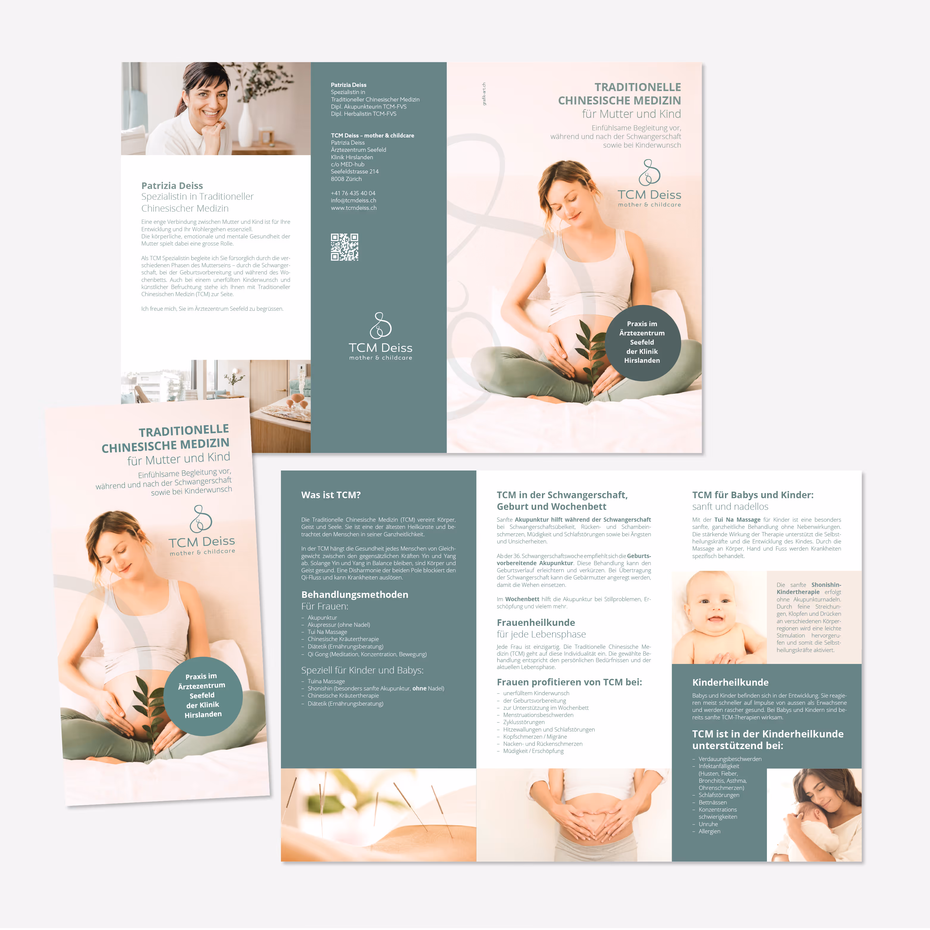 TCM Deiss – Mother & Childcare: Natürliches Branding mit Logo, Briefschaften, Flyer und Website. Handgezeichnete Illustrationen mit Wärme.