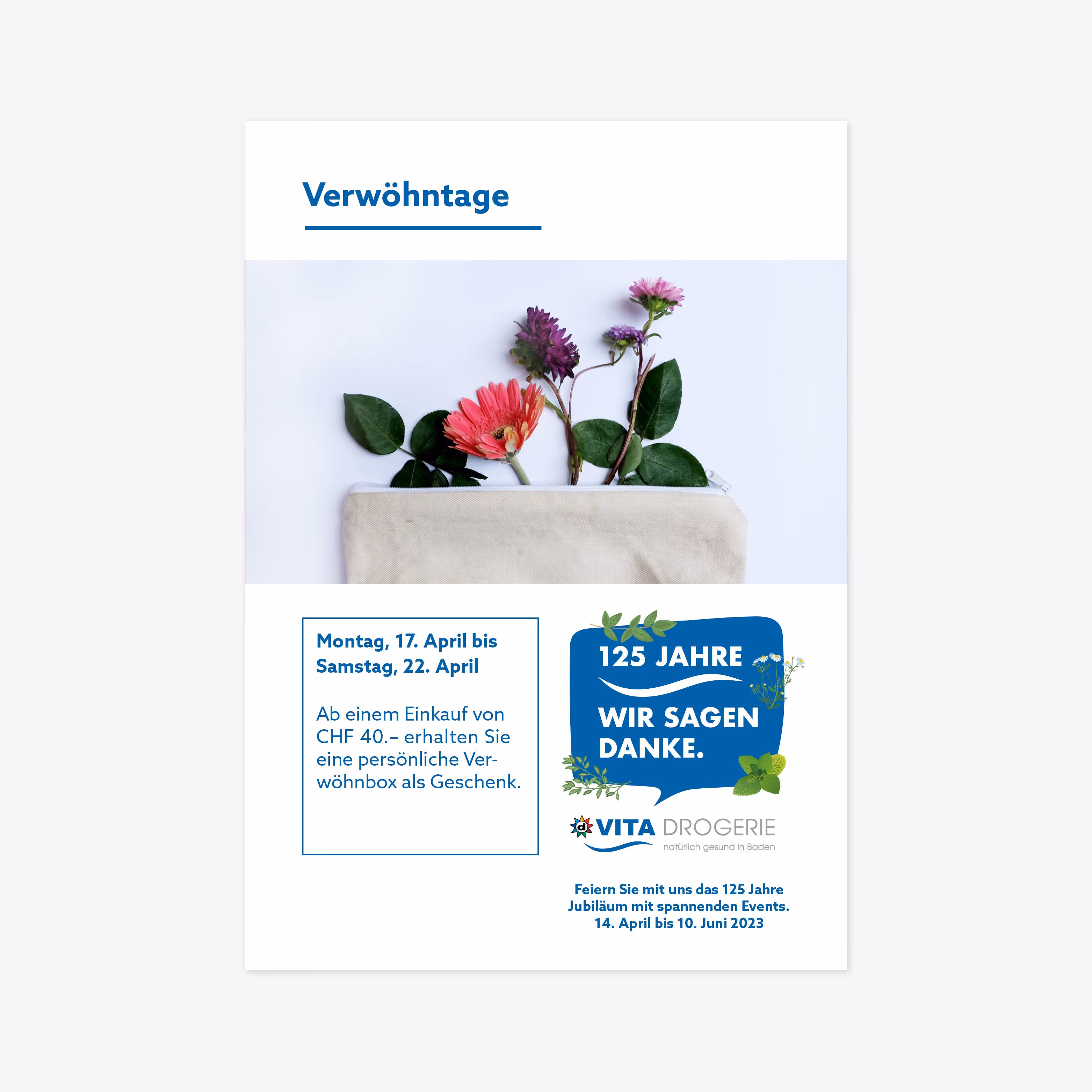 125 Jahre Vita Drogerie Baden: Jubiläumsbranding mit Mailing, Plakat, Busbeschriftung, Beachflags und Aufklebern. Wertschätzung mit System.