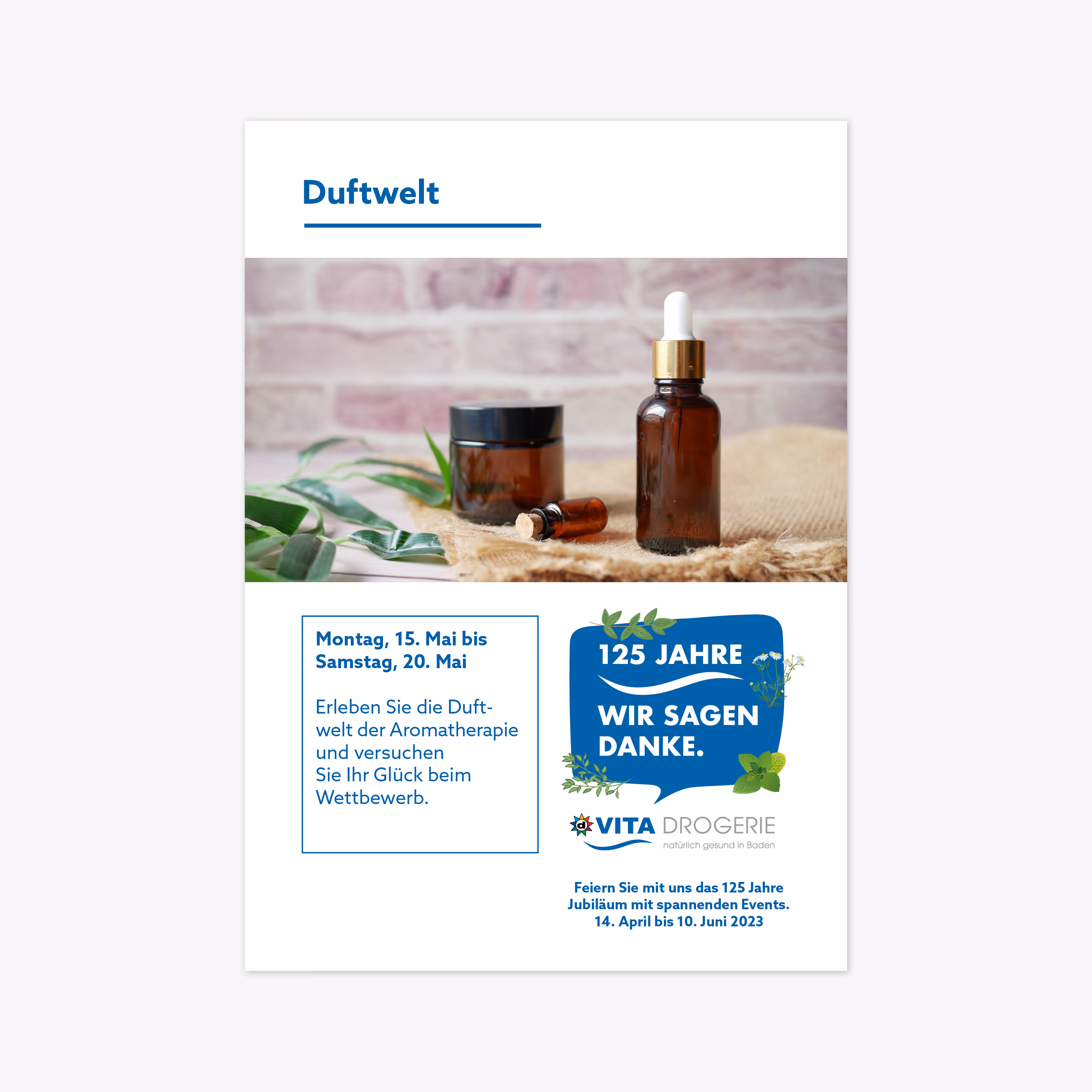 125 Jahre Vita Drogerie Baden: Jubiläumsbranding mit Mailing, Plakat, Busbeschriftung, Beachflags und Aufklebern. Wertschätzung mit System.