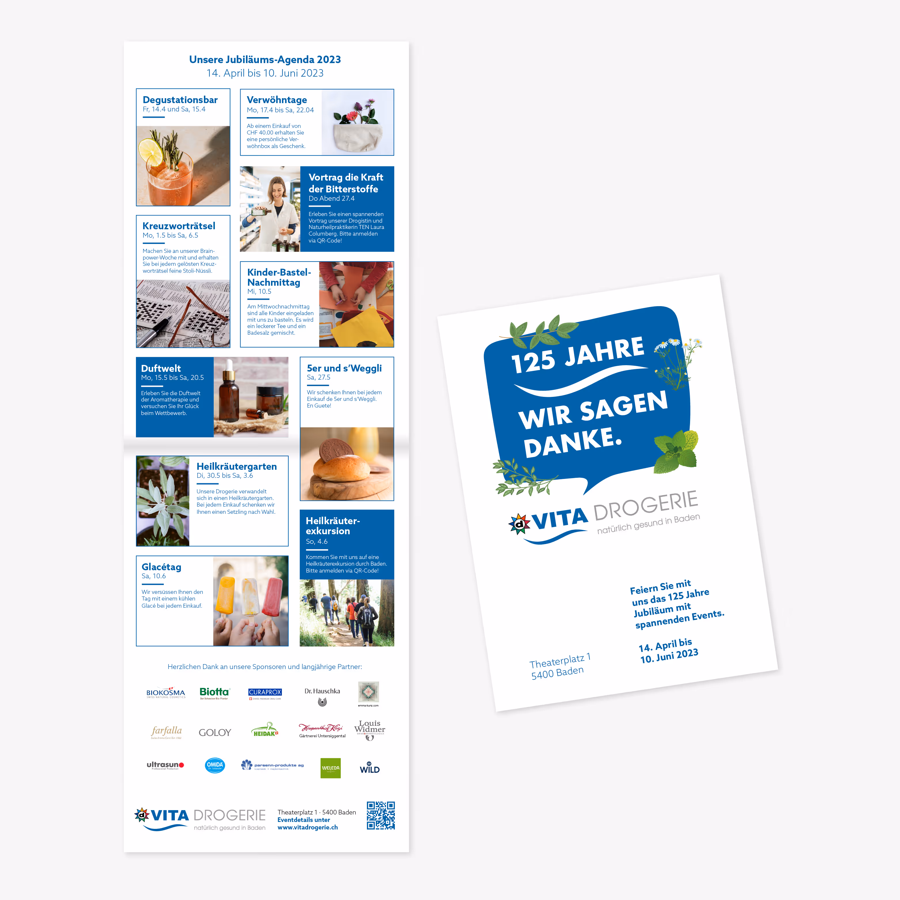 125 Jahre Vita Drogerie Baden: Jubiläumsbranding mit Mailing, Plakat, Busbeschriftung, Beachflags und Aufklebern. Wertschätzung mit System.
