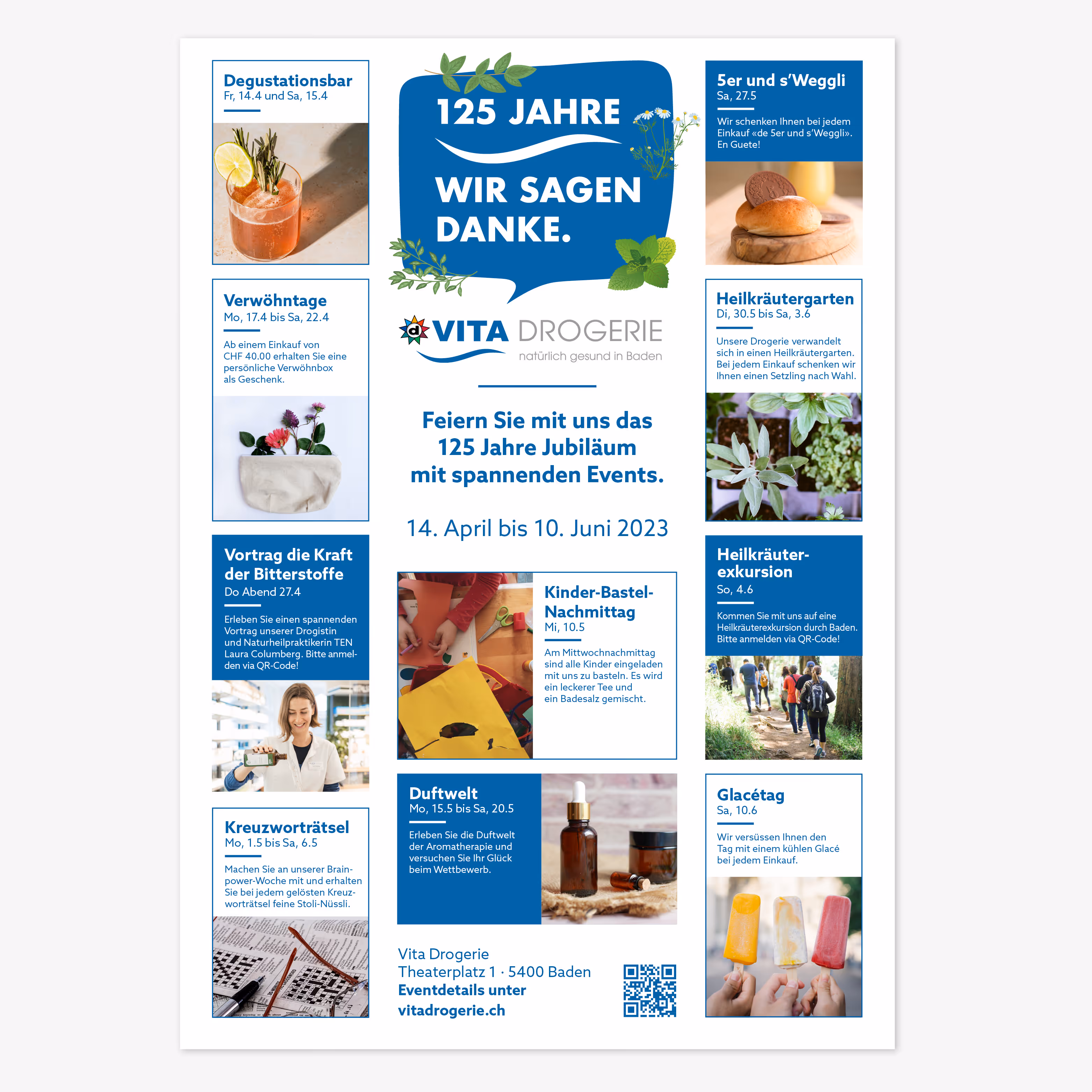 125 Jahre Vita Drogerie Baden: Jubiläumsbranding mit Mailing, Plakat, Busbeschriftung, Beachflags und Aufklebern. Wertschätzung mit System.