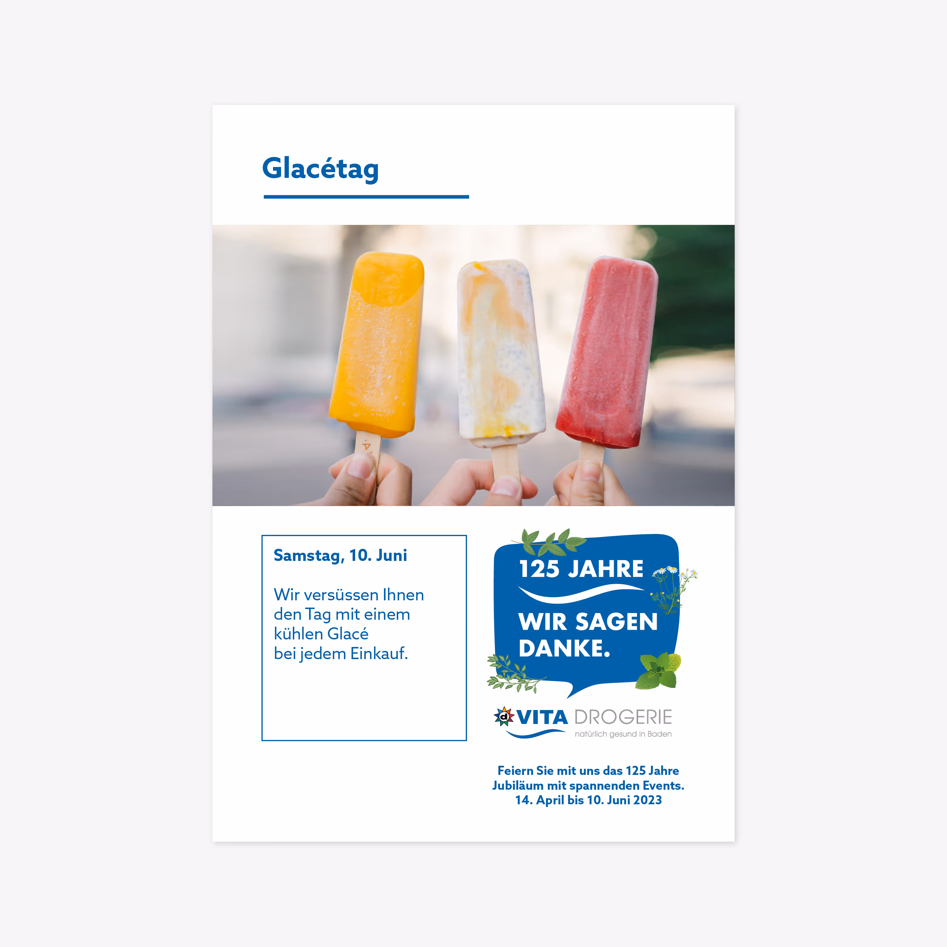 125 Jahre Vita Drogerie Baden: Jubiläumsbranding mit Mailing, Plakat, Busbeschriftung, Beachflags und Aufklebern. Wertschätzung mit System.