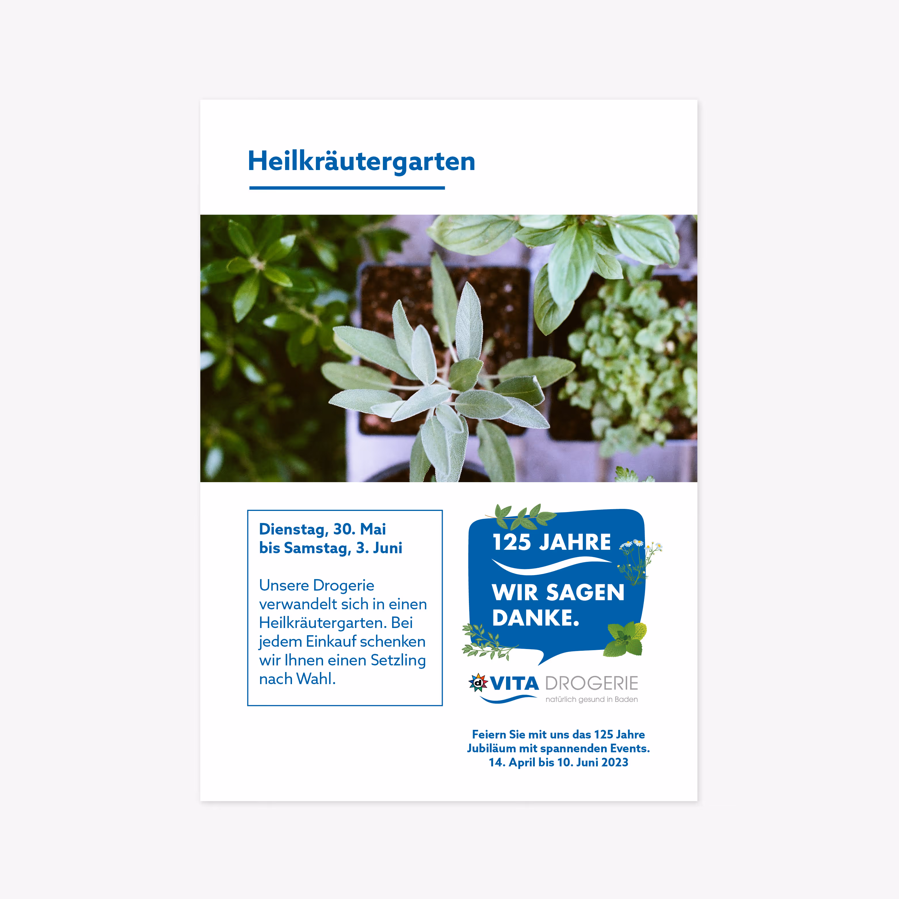 125 Jahre Vita Drogerie Baden: Jubiläumsbranding mit Mailing, Plakat, Busbeschriftung, Beachflags und Aufklebern. Wertschätzung mit System.