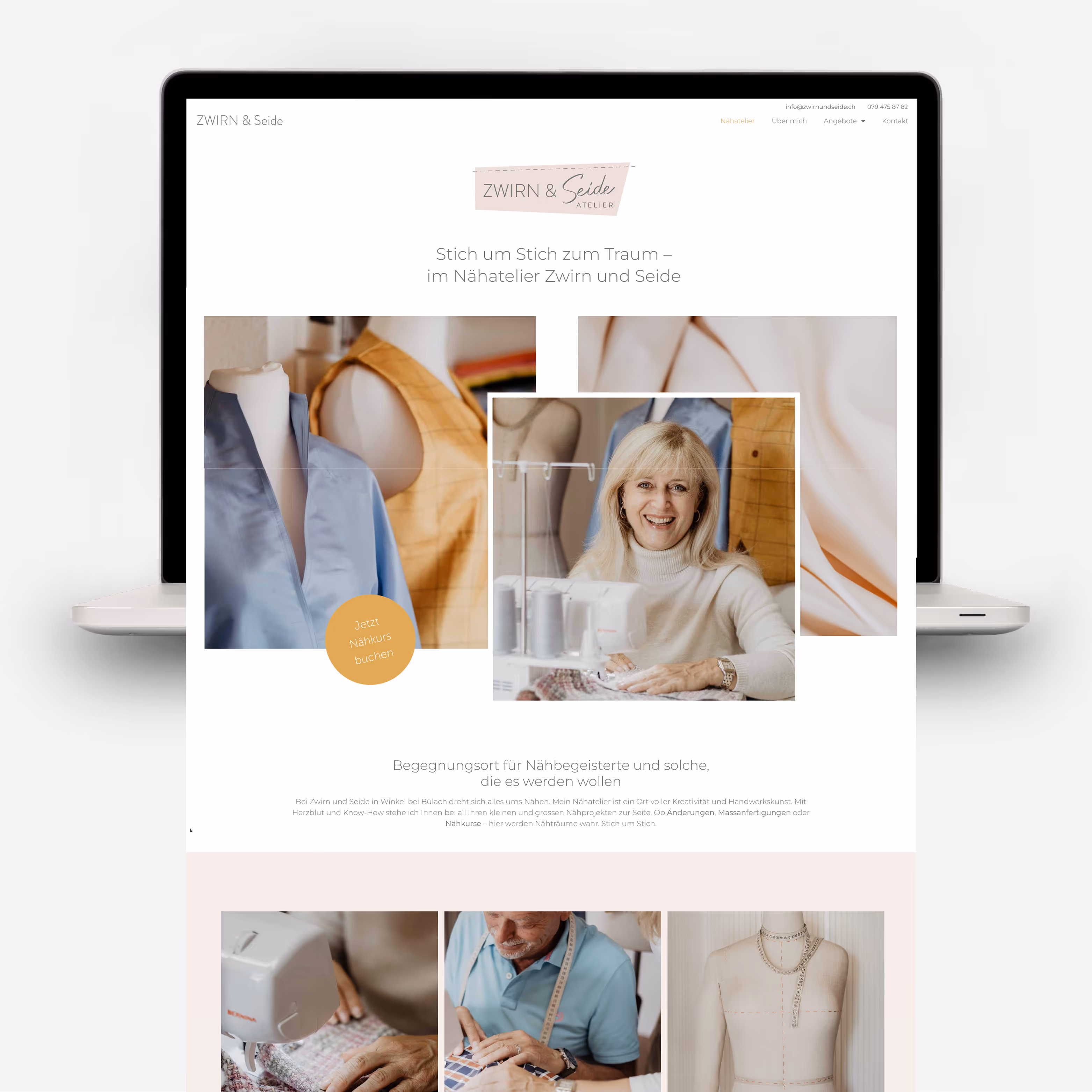 Zwirn & Seide Nähatelier bei Bülach: Eleganter Auftritt in Ocker und Rosa mit Website, Visitenkarten und Gutscheinen. Stich um Stich zum Traum.