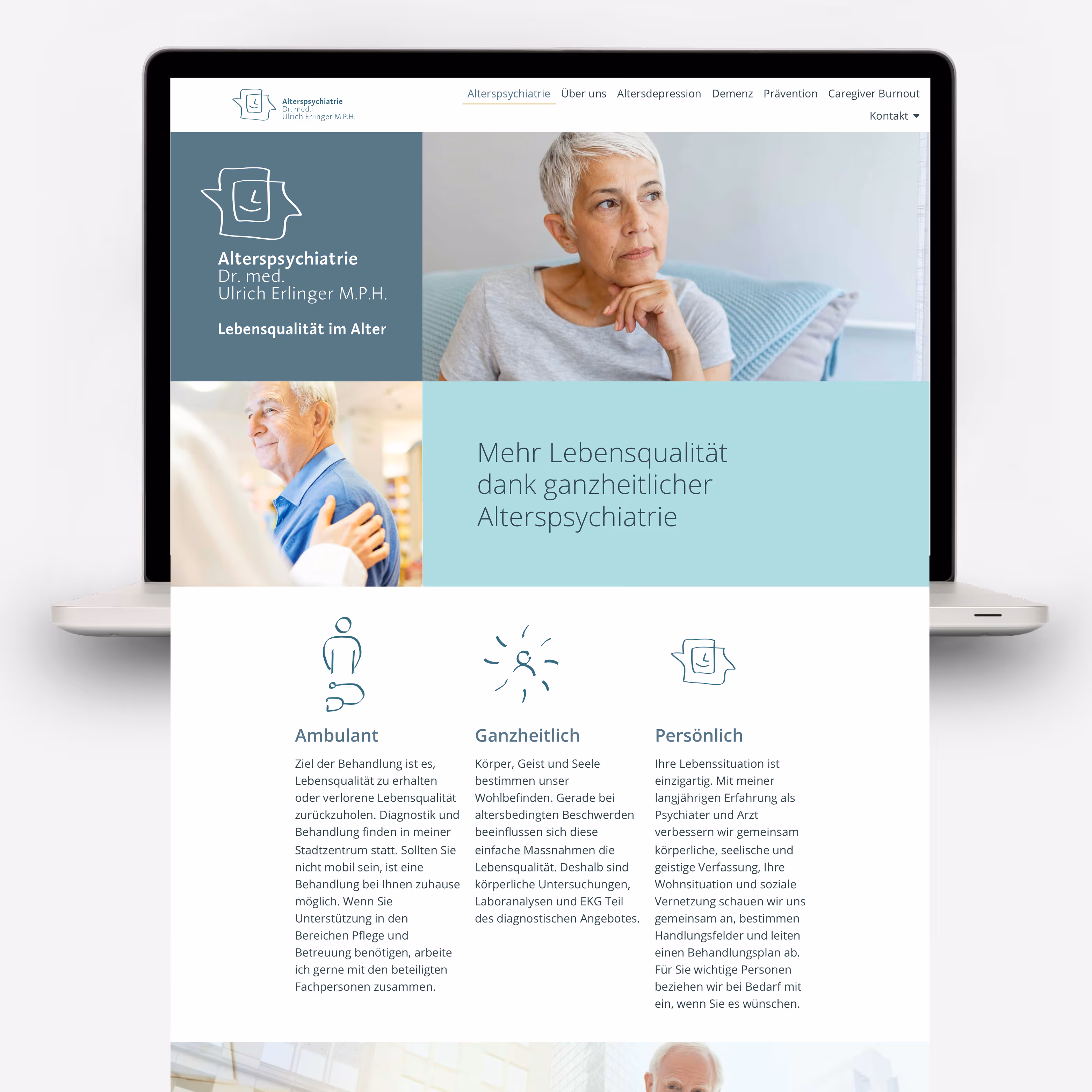 Alterspsychiatrie Dr. Erlinger Zürich: Komplettes Corporate Design mit Logo, Website und Briefschaften. Augenhöhe zwischen Patient und Arzt.