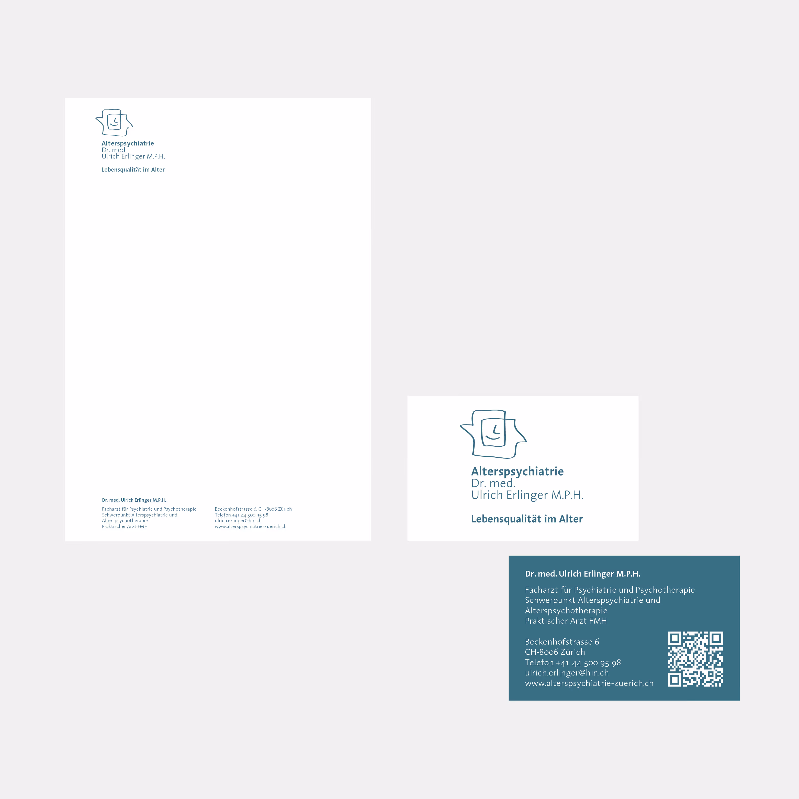 Alterspsychiatrie Dr. Erlinger Zürich: Komplettes Corporate Design mit Logo, Website und Briefschaften. Augenhöhe zwischen Patient und Arzt.