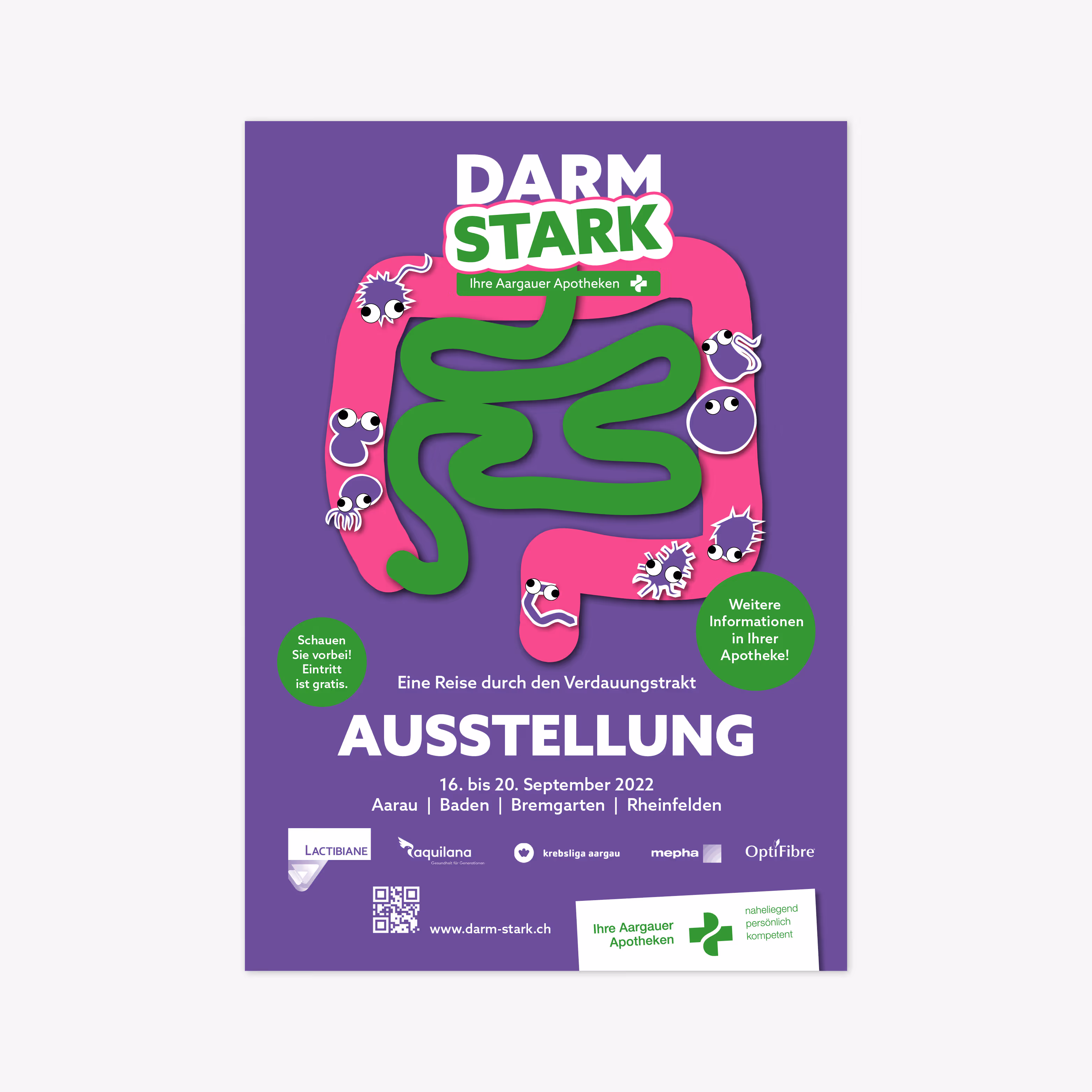 Aargauer Apotheken «DARM-STARK»: Interaktive Ausstellung mit Flyer, Wettbewerb, Ladengestaltung und Website. Eine Reise durch den Darm.