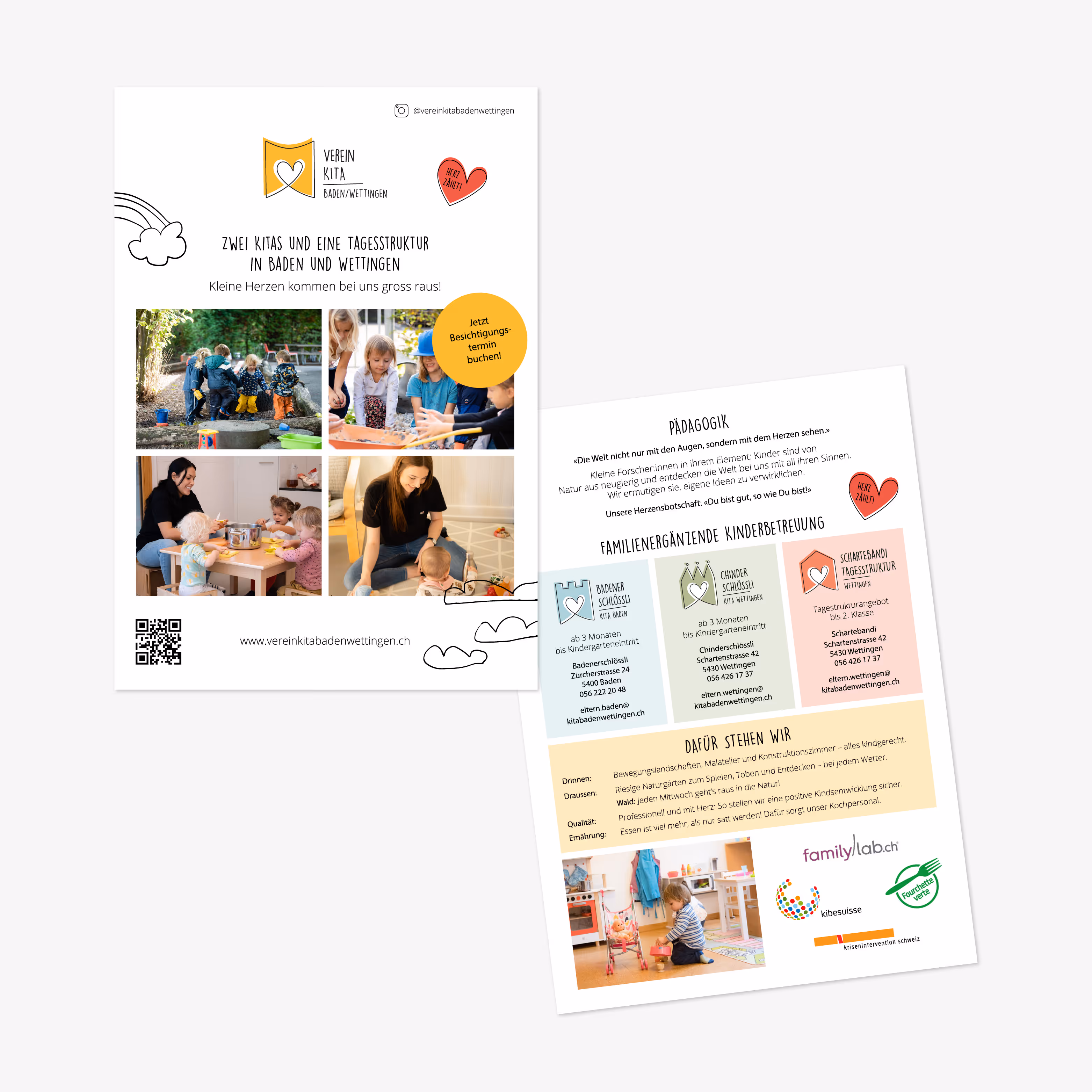 Verein Kita Baden/Wettingen: «Herz zählt» – neuer Auftritt mit Logo, Website, Flyer und Give-aways. Frisch, fröhlich, mit Kinderkunst.