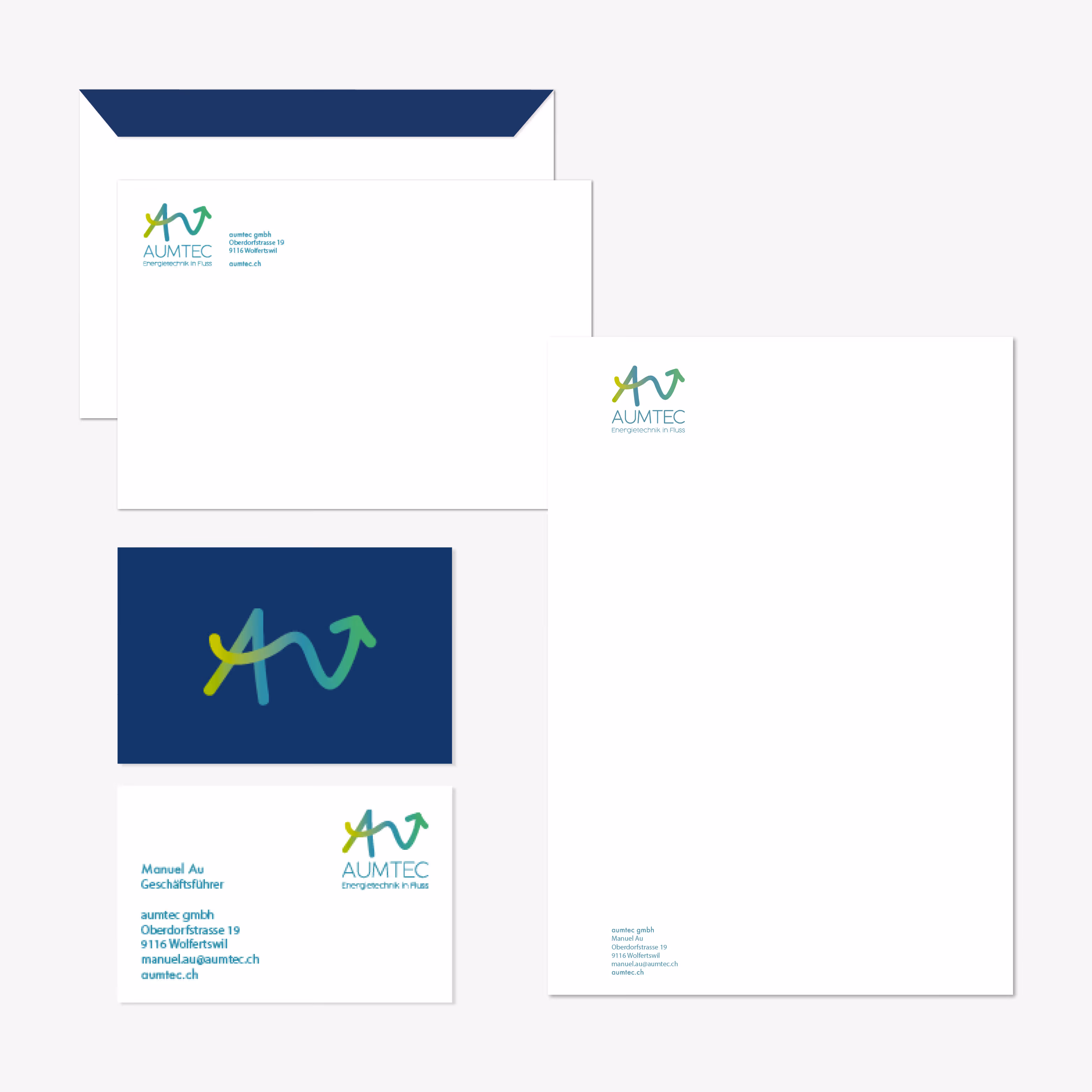 Logo, Website und Geschäftsausstattung für Aumtec: dynamische Markenidentität für Energie, Gebäude und Technik – entwickelt von Grafik-Art.