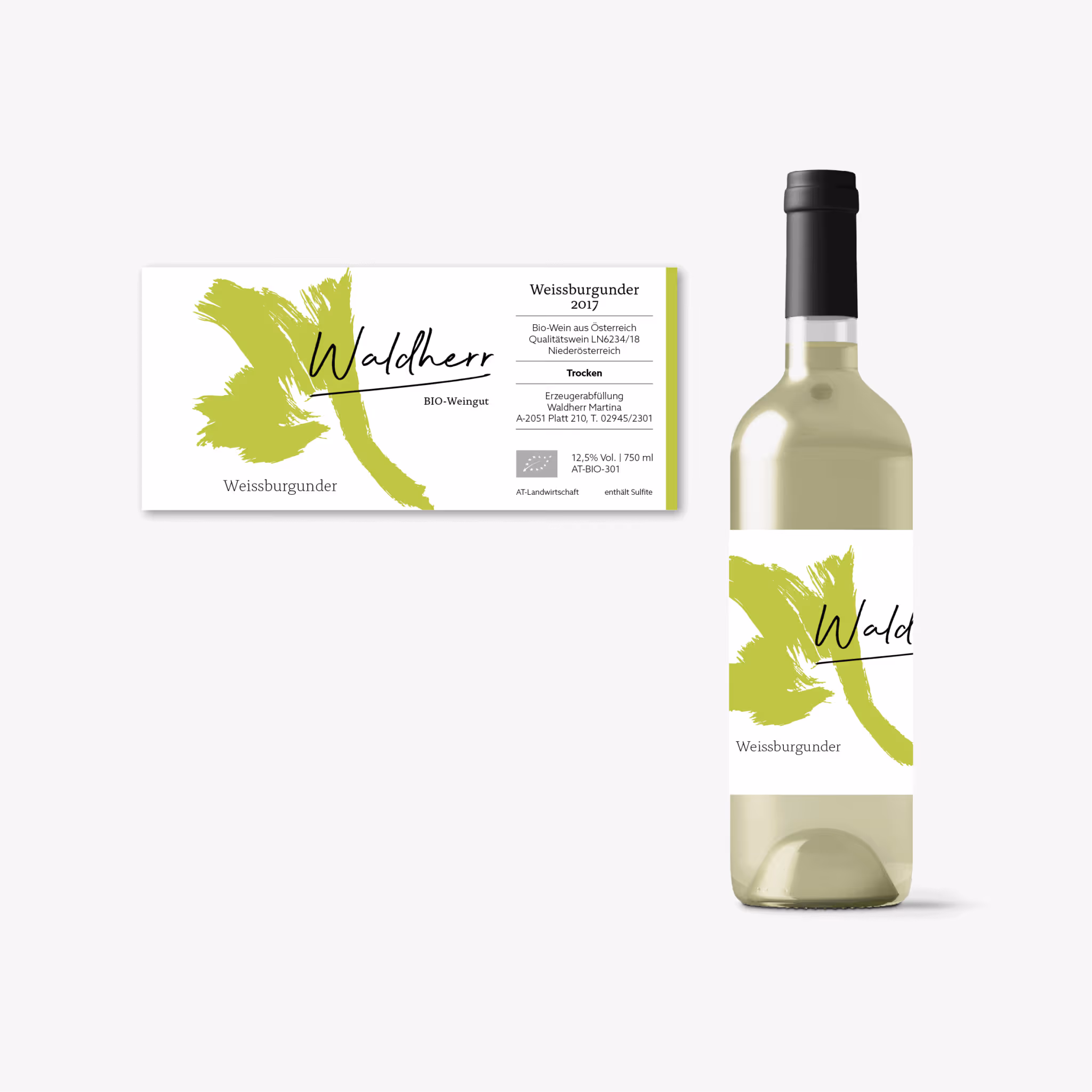 Waldherr Bio-Weingut in Zellerndorf: Leichtes Logo mit schwungvoller Weinknospe – auf Etiketten, Flyern und Briefschaften. Natürlich wie der Wein.