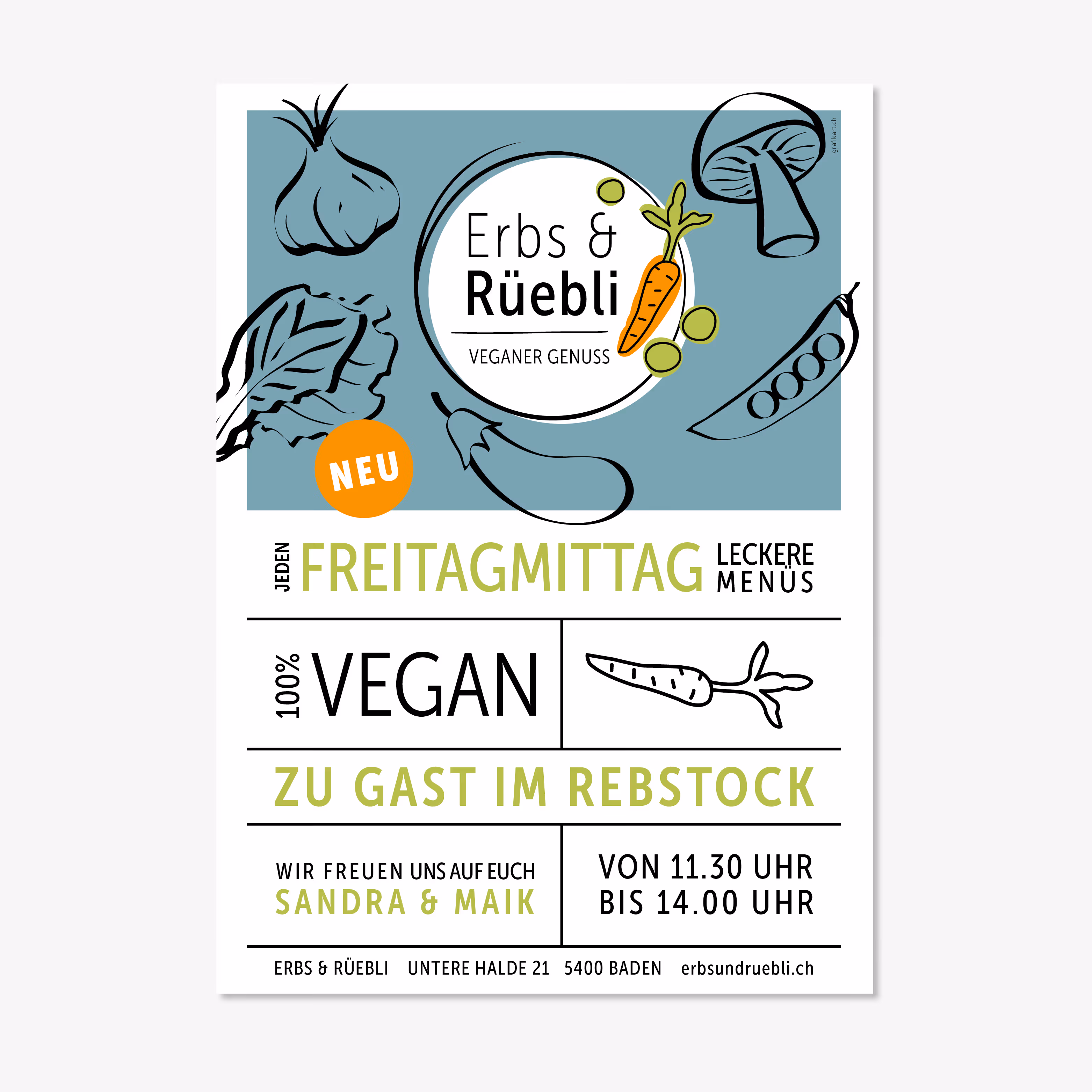 Erbs & Rüebli in Baden: Veganes Mittagsmenü mit prägnantem Logo, charmanten Illustrationen und sympathischem Webauftritt. Bon App!