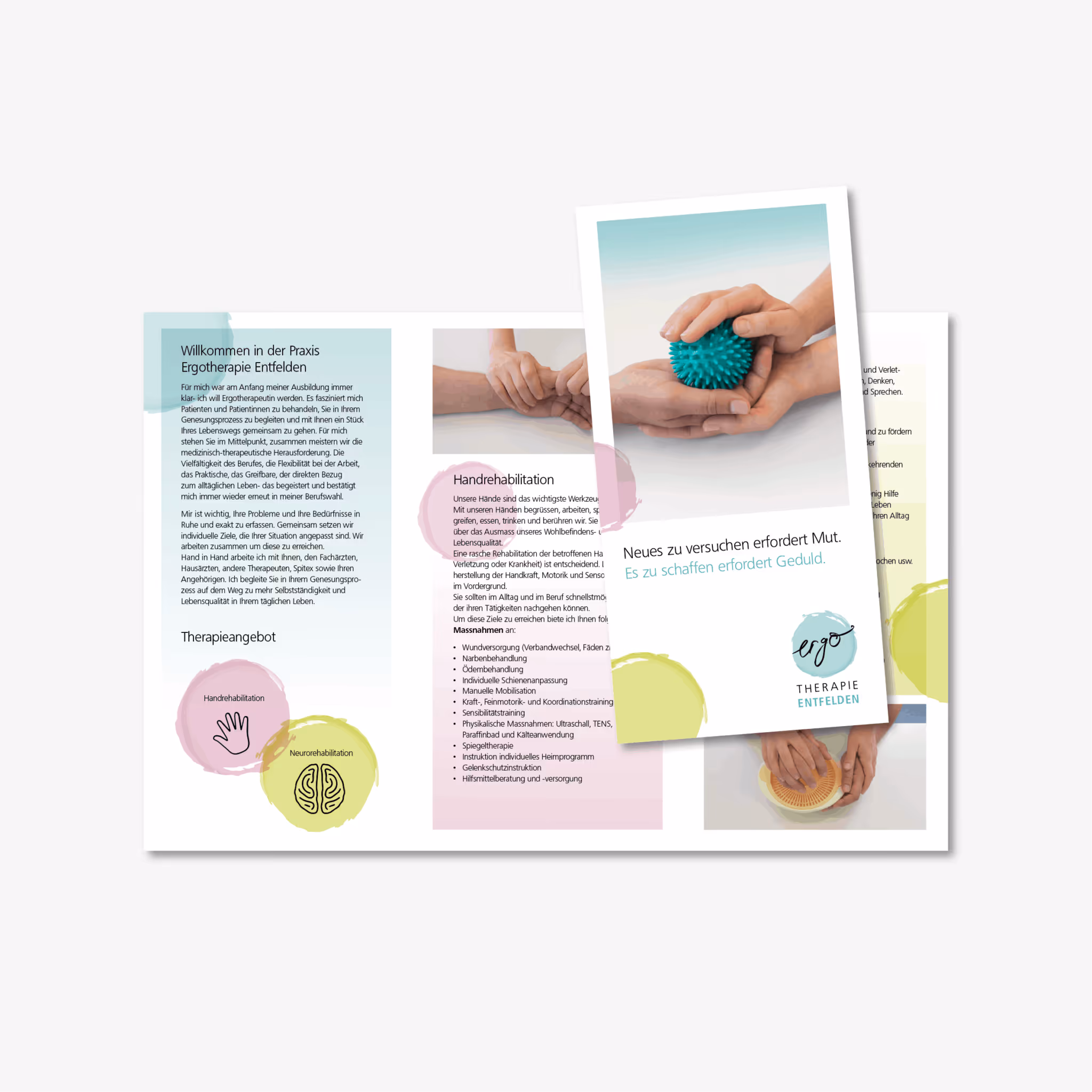 Ergotherapie Entfelden: Professionelles Branding mit pastelligen Farben – als roter Faden von Briefschaften bis Praxisräumen und Website.