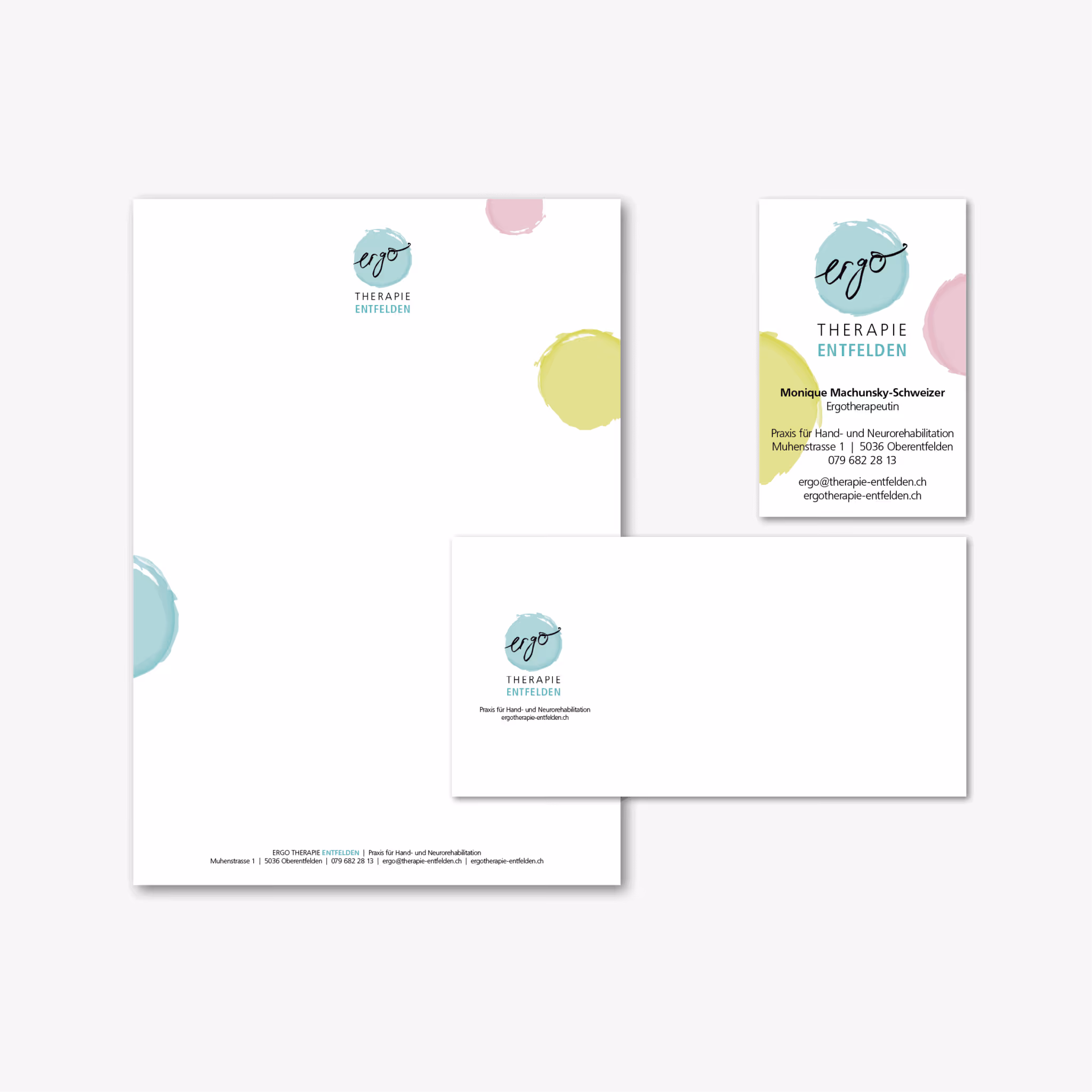 Ergotherapie Entfelden: Professionelles Branding mit pastelligen Farben – als roter Faden von Briefschaften bis Praxisräumen und Website.