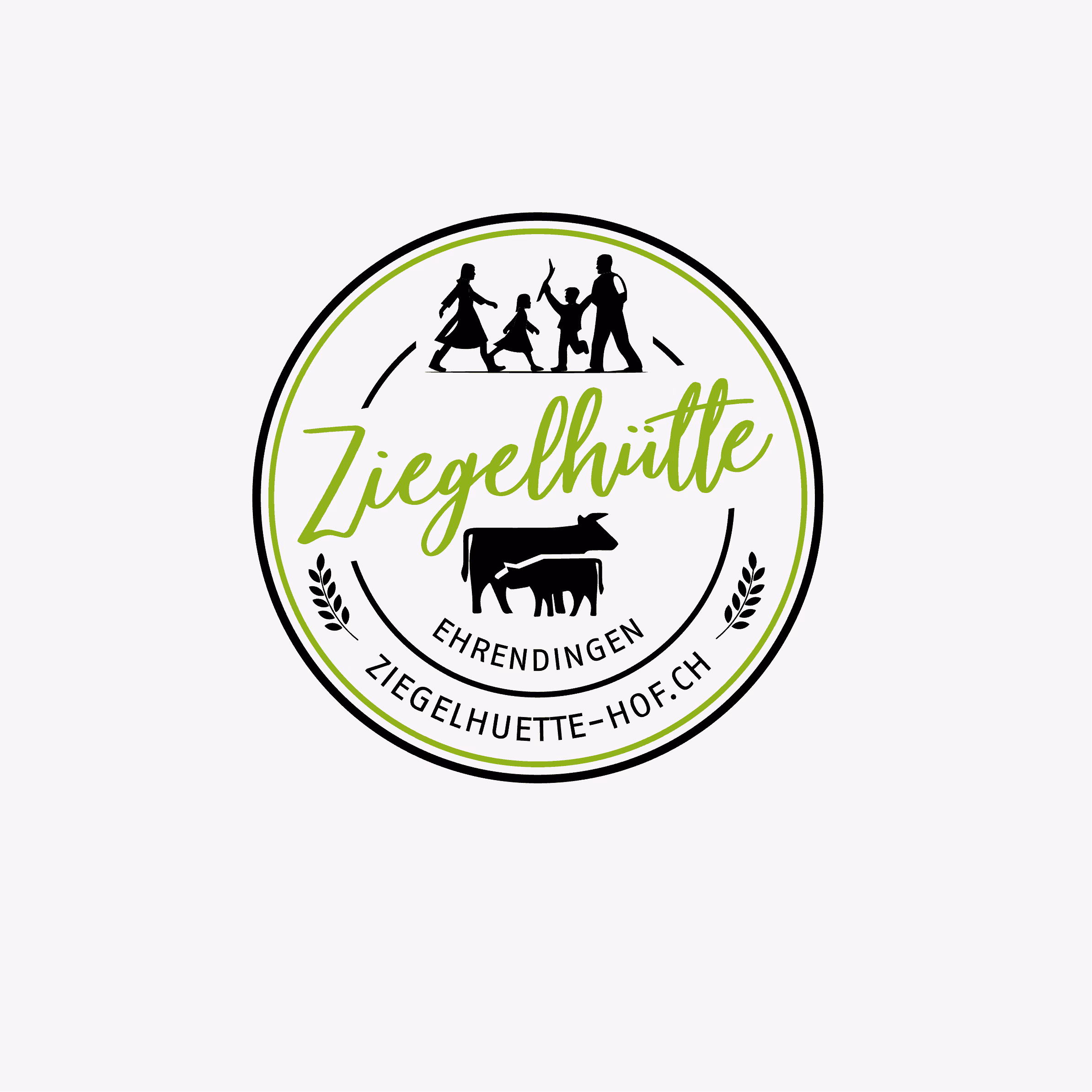 Bauernhof Ziegelhütte-Hof Ehrendingen: Logo, Briefschaft, Fleischverpackungs-Kleber und Website. Mensch, Tier und Hof in einem Auftritt.